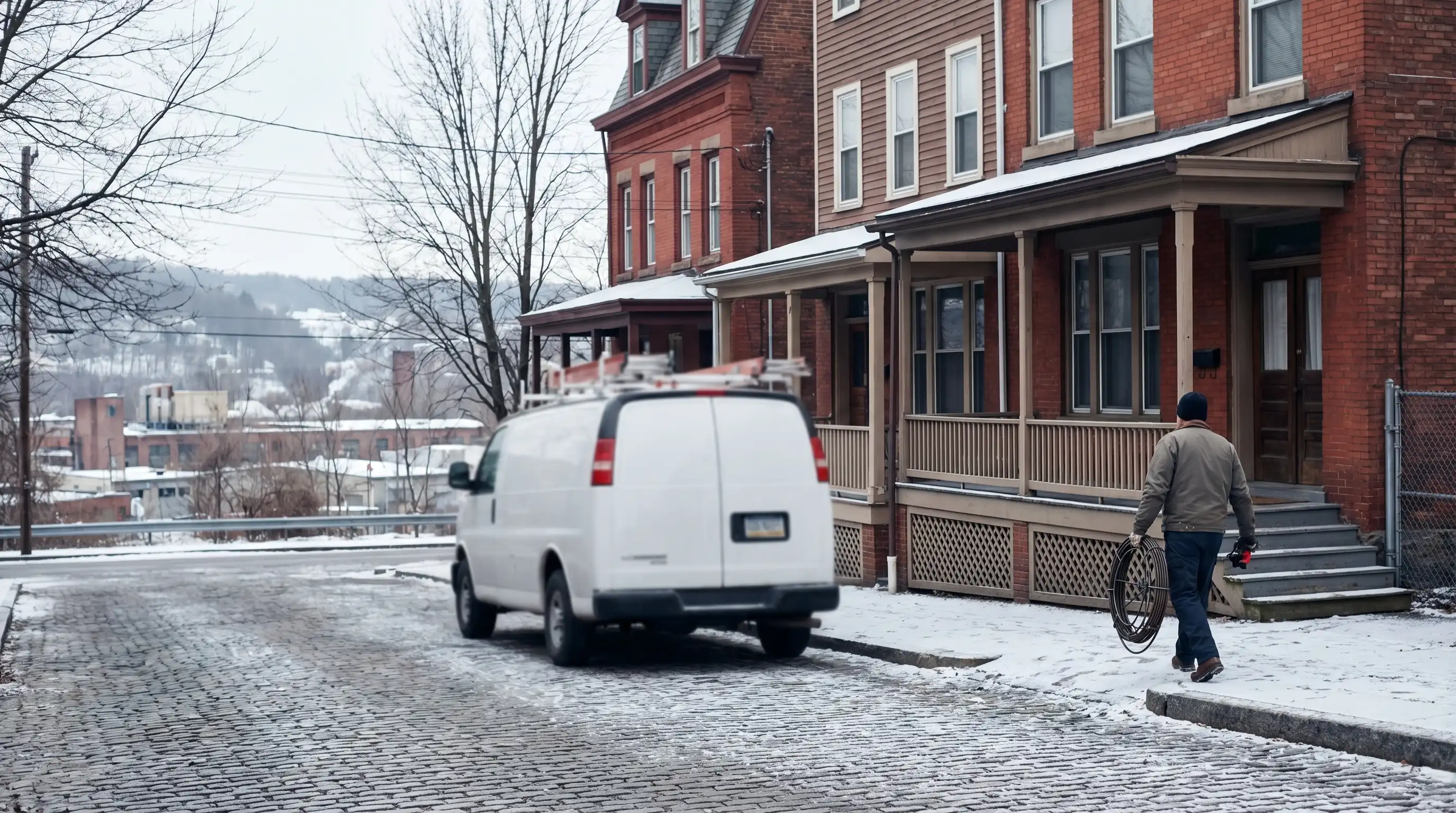Licensed plumber installing a new tankless water heater in a Waterbury CT home basement, copper piping and professional tools visible, clean installation contrast against older home foundation