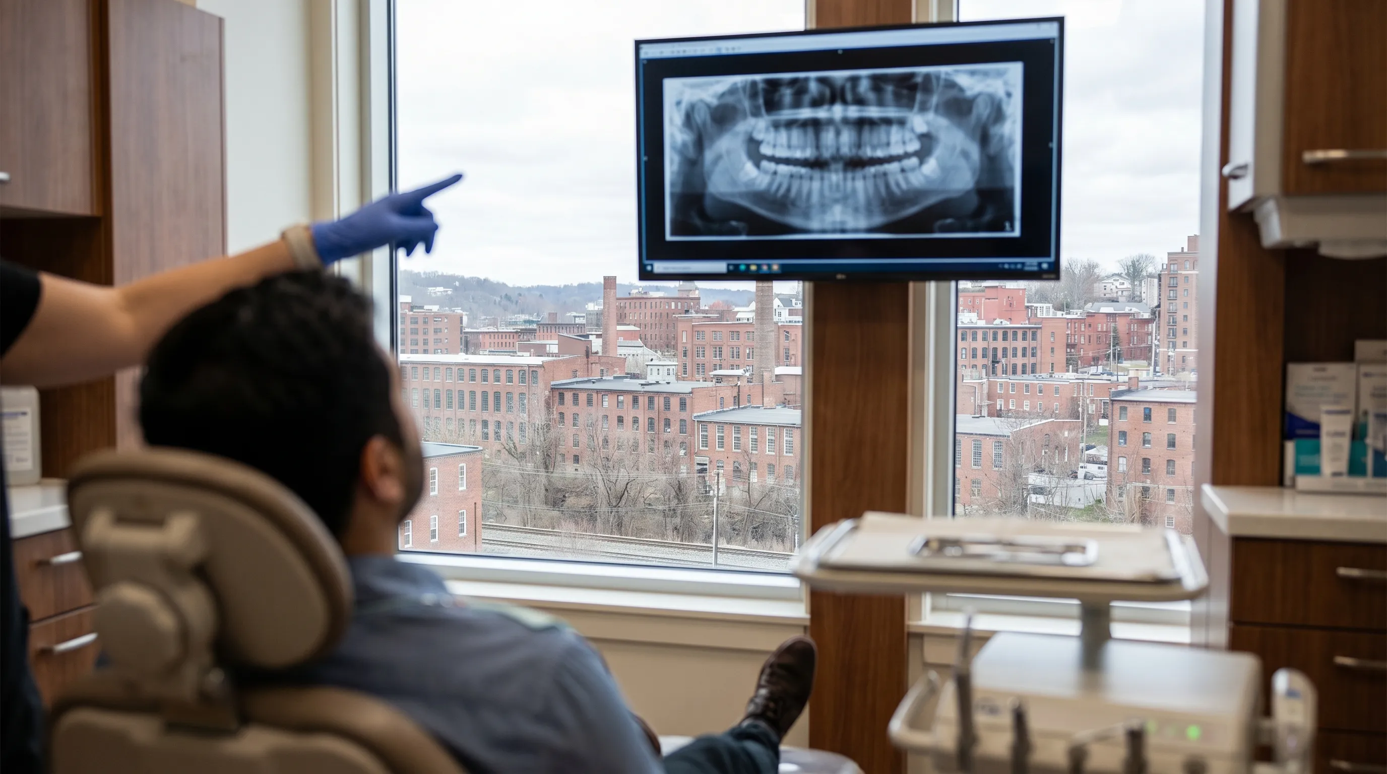 Modern dental office reception in Waterbury CT with warm lighting, dental assistant welcoming a Latino family, clean professional environment signaling accessible family dental care