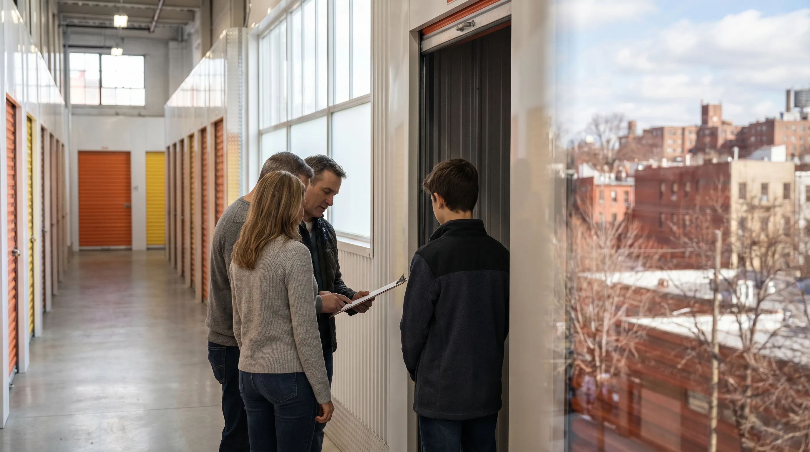 Moving truck parked on a Waterbury CT red-brick residential street, two professional movers in branded shirts carefully carrying furniture from a three-decker apartment building, summer afternoon light
