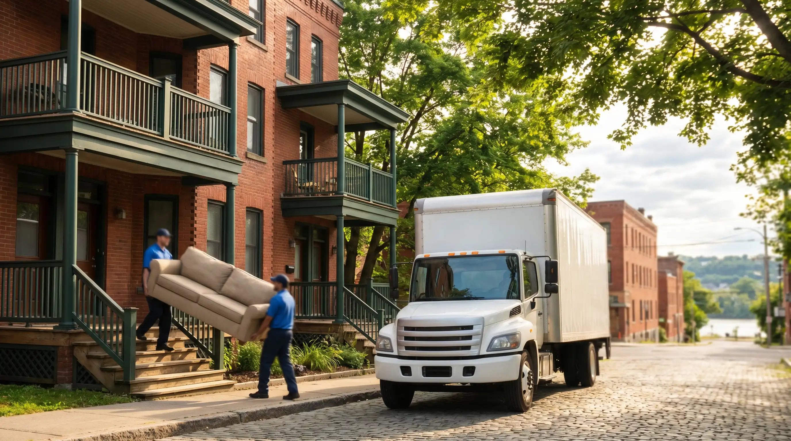Moving truck parked on a Waterbury CT red-brick residential street, two professional movers in branded shirts carefully carrying furniture from a three-decker apartment building, summer afternoon light