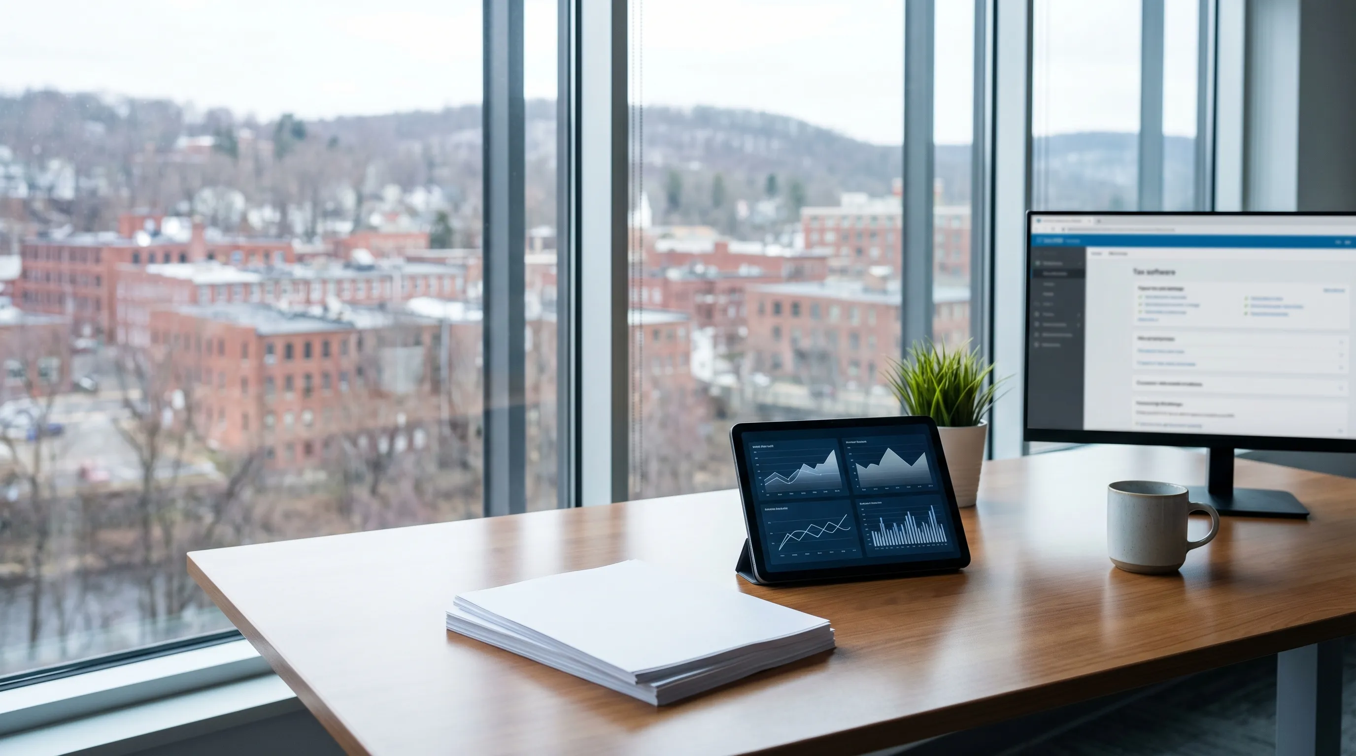 Professional financial advisor in a clean Waterbury CT office consulting with a working couple, reviewing retirement planning documents on a desk, trust and competence signals in a modern professional environment