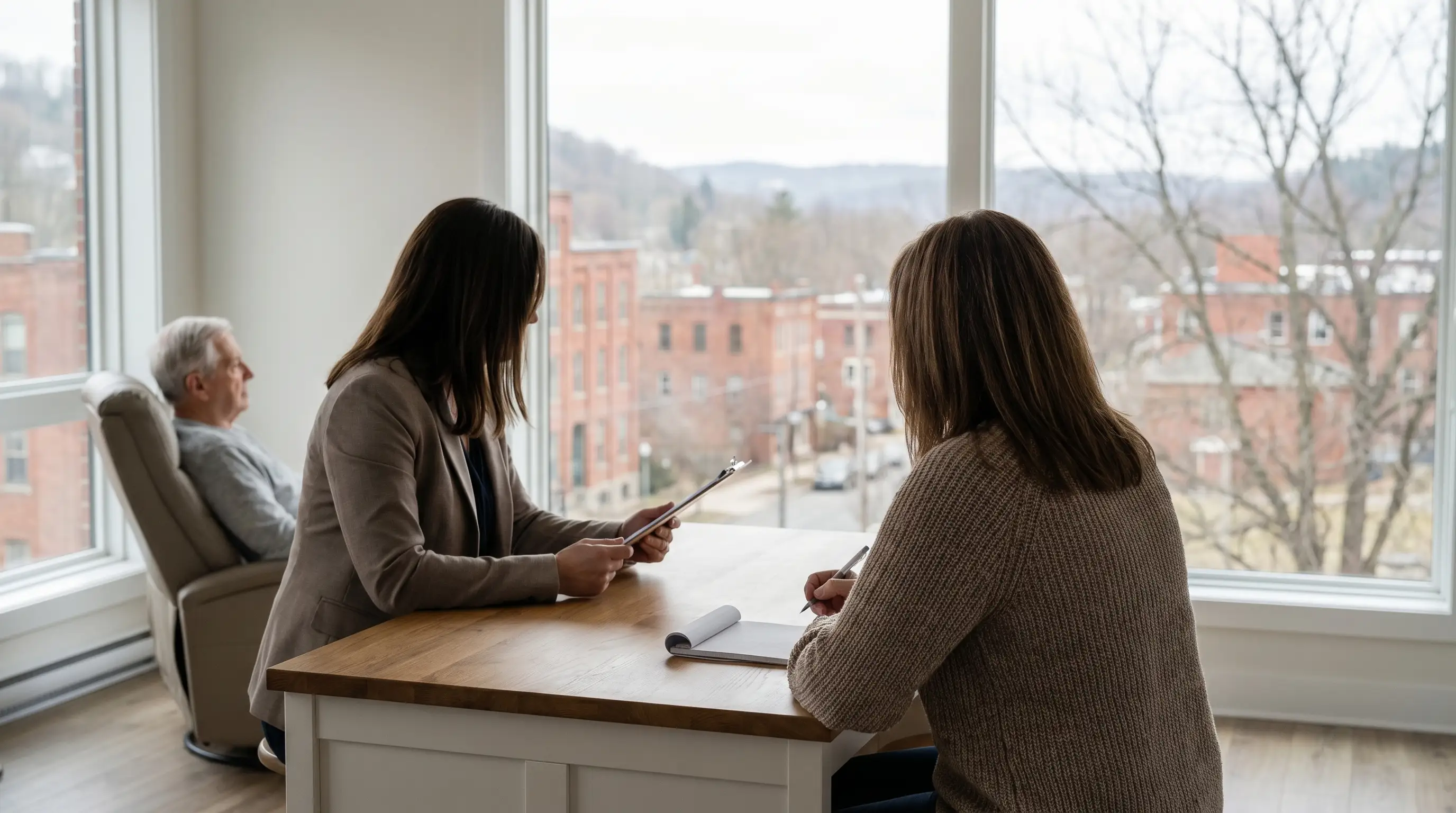 Warm afternoon in a Waterbury CT living room, caregiver in professional scrubs helping an elderly woman with tea, older home setting with family photos and natural light signaling dignity and care