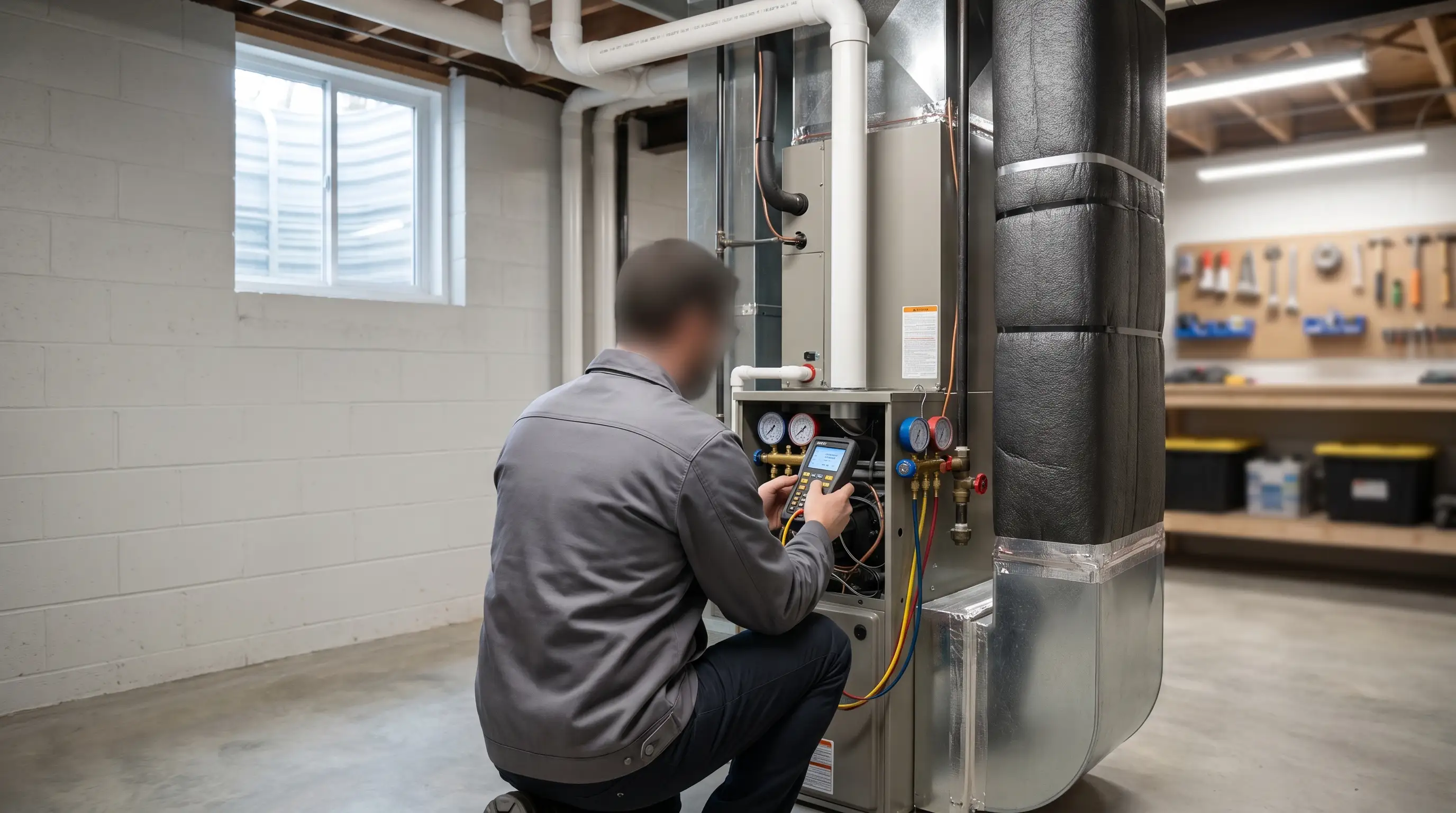 Professional HVAC technician servicing a high-efficiency furnace in a Lansing, MI home basement