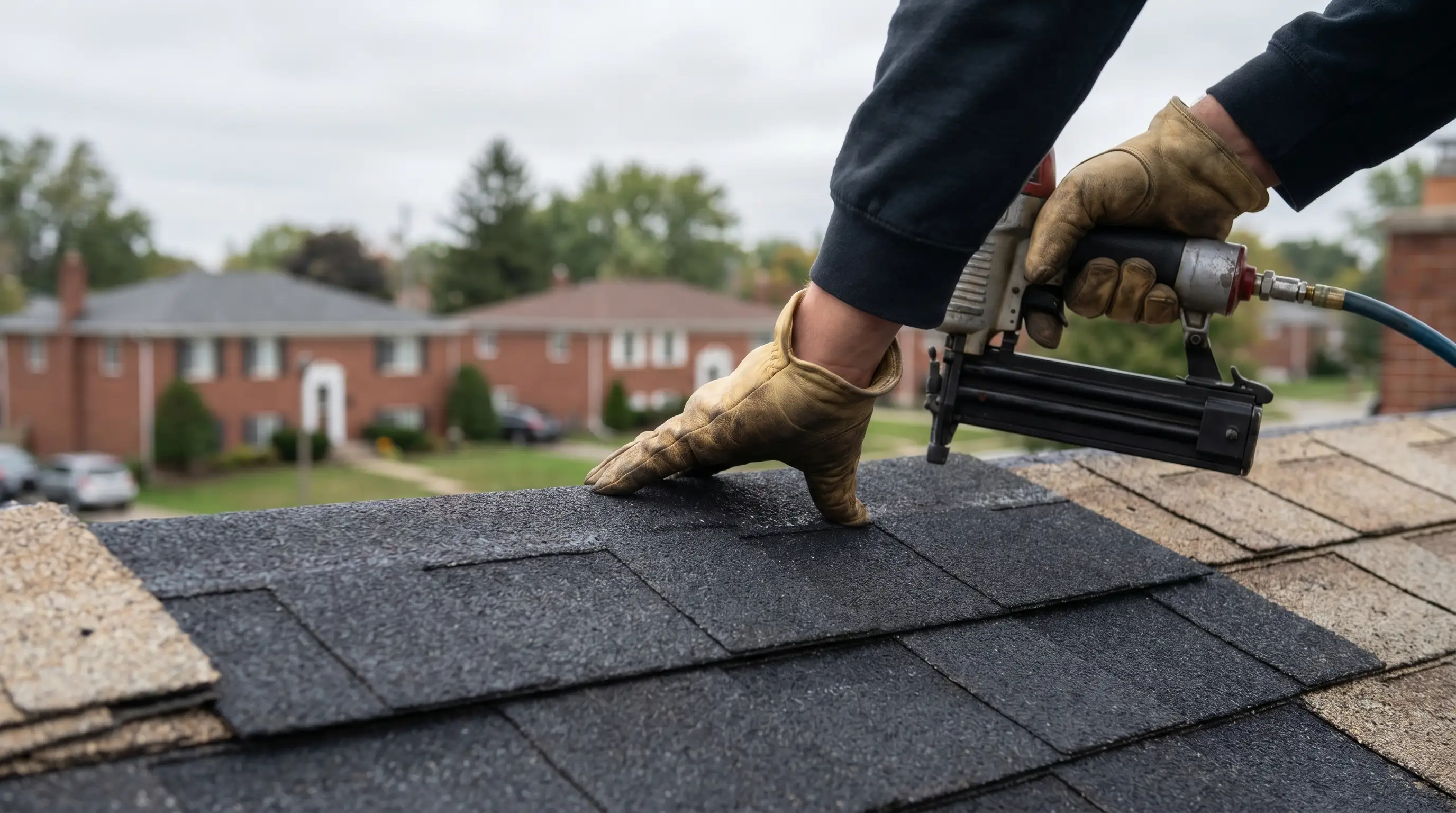 Professional roofer installing new asphalt shingles on a residential home in Lansing, MI