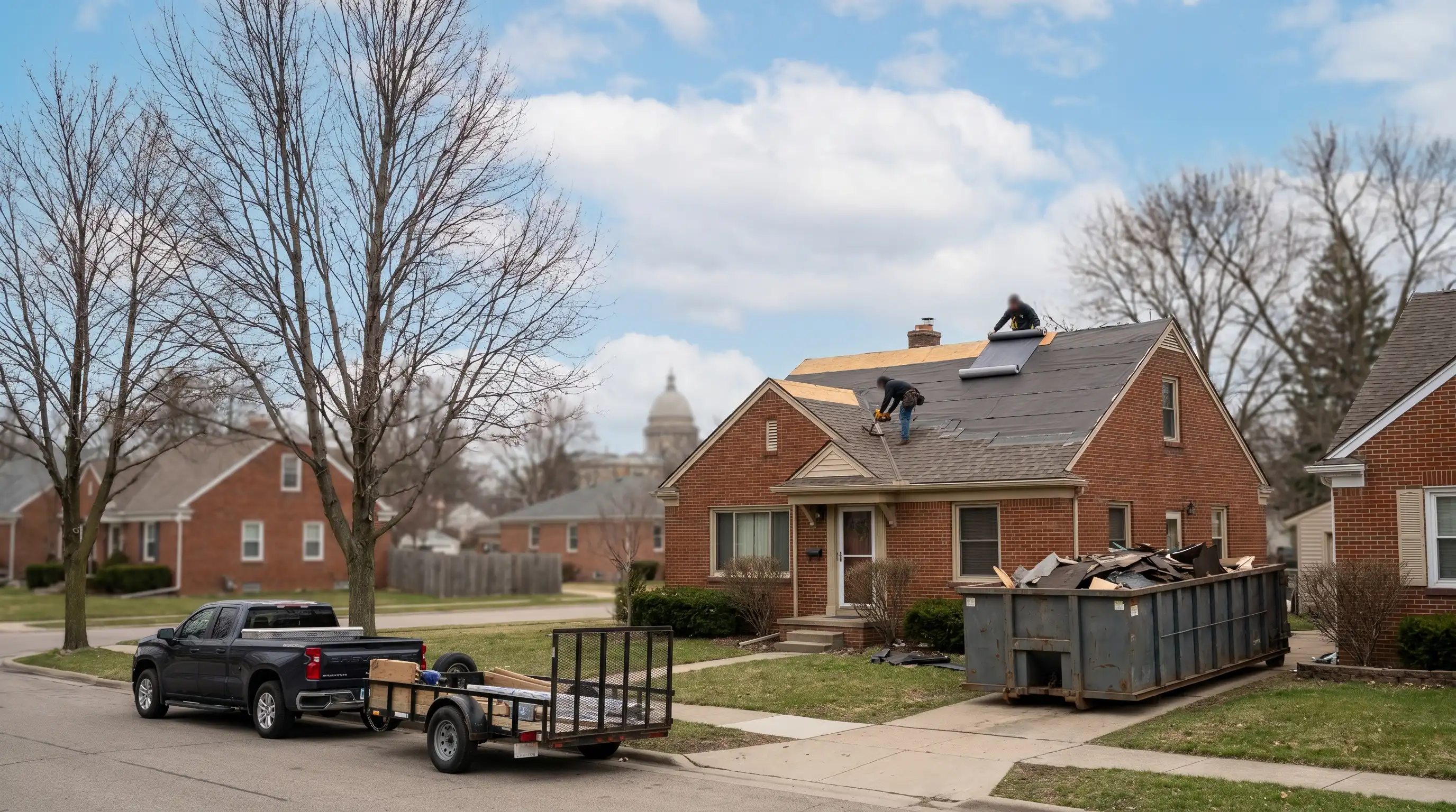 Professional roofer installing new asphalt shingles on a residential home in Lansing, MI