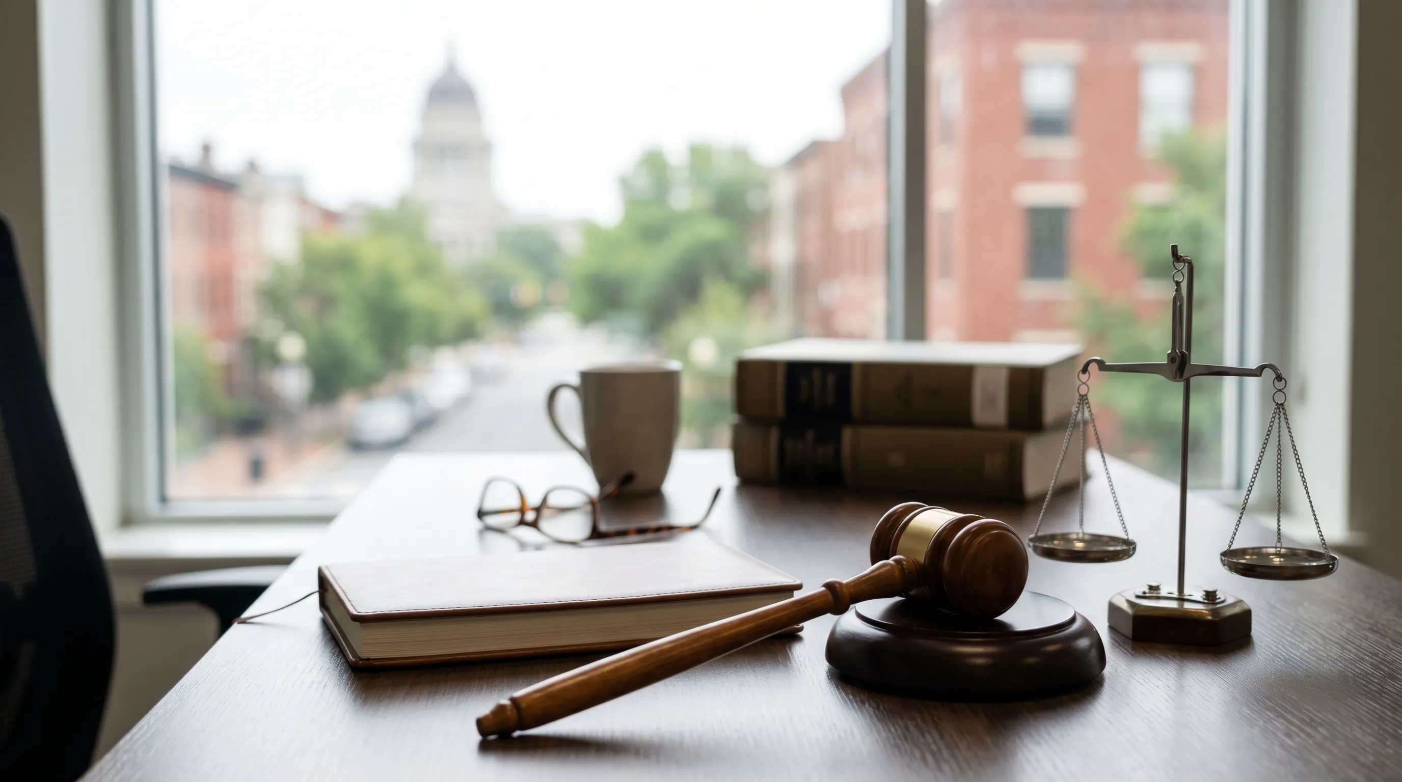 Professional personal injury law office consultation room in downtown Lansing, MI with Capitol dome visible through window