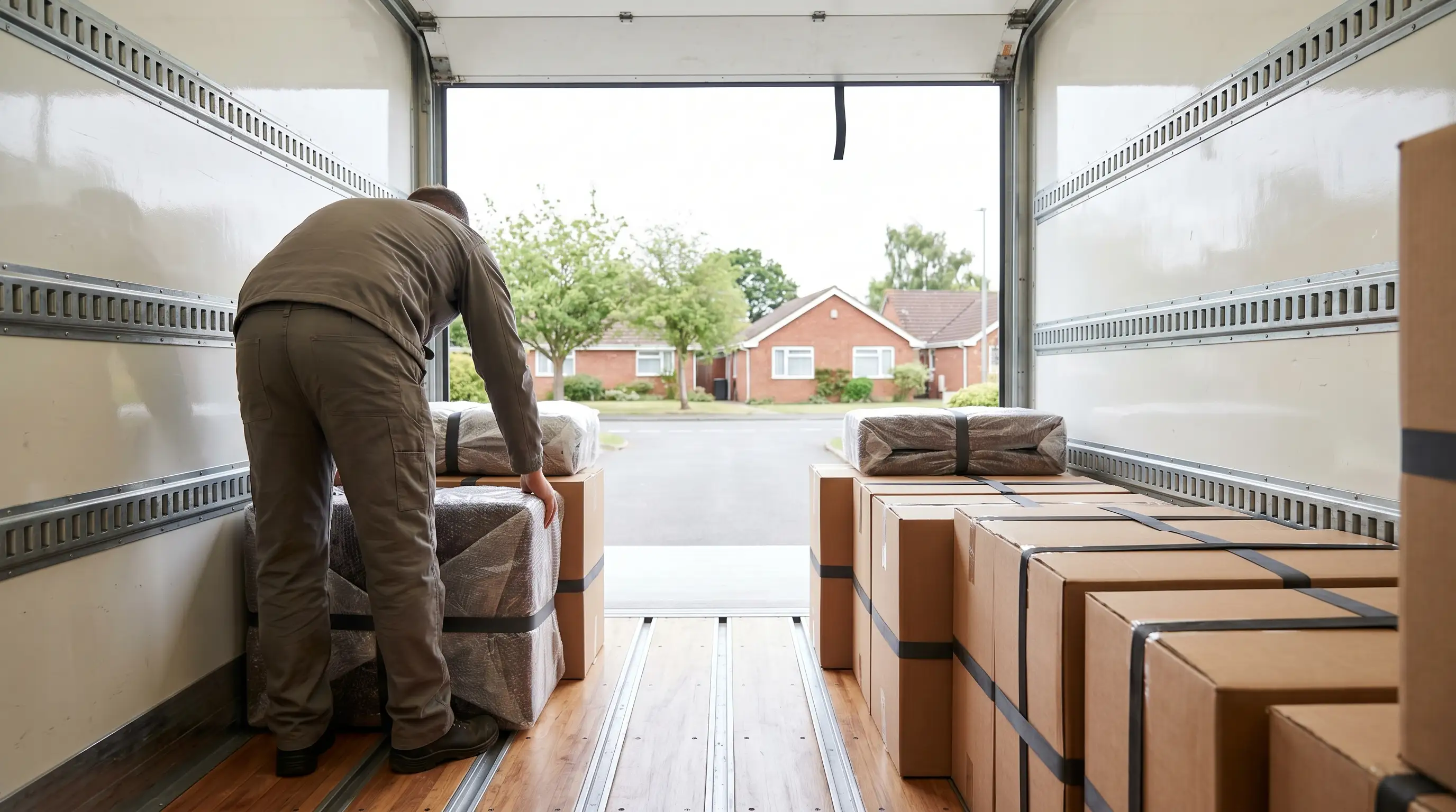 Moving crew carrying wrapped furniture out of a red brick Lansing, MI bungalow toward an open moving truck