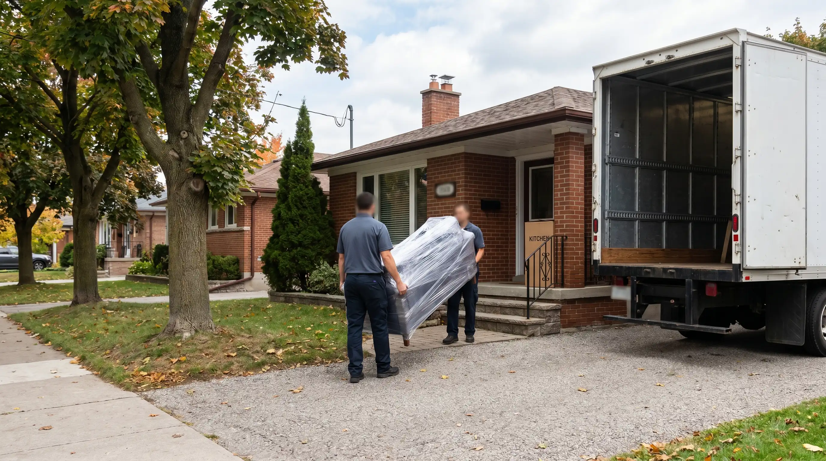 Moving crew carrying wrapped furniture out of a red brick Lansing, MI bungalow toward an open moving truck