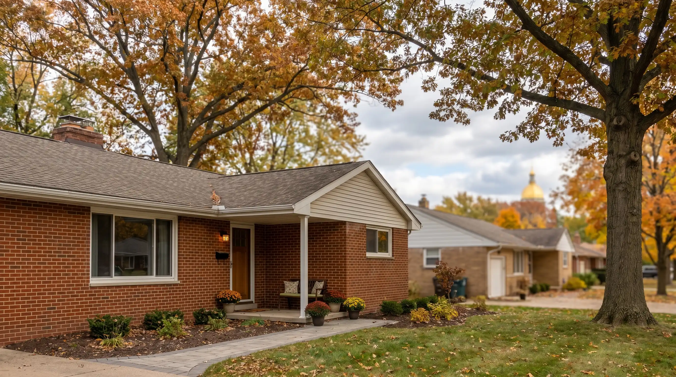 Caregiver in branded scrubs greeting elderly woman at front door of Lansing, MI ranch home in autumn afternoon light