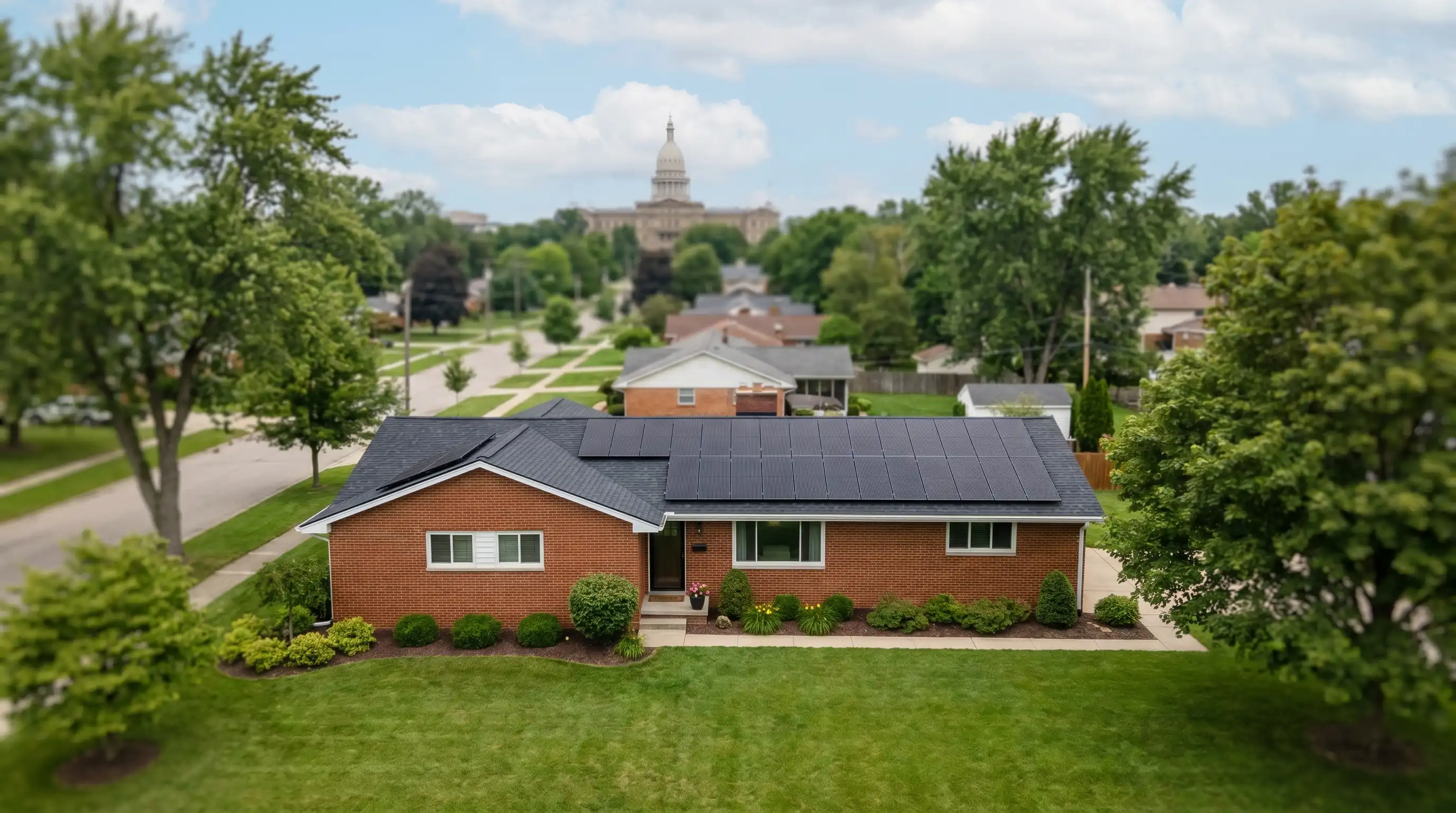 Solar installers in safety gear positioning panels on a Lansing, MI ranch home roof in golden afternoon Michigan light