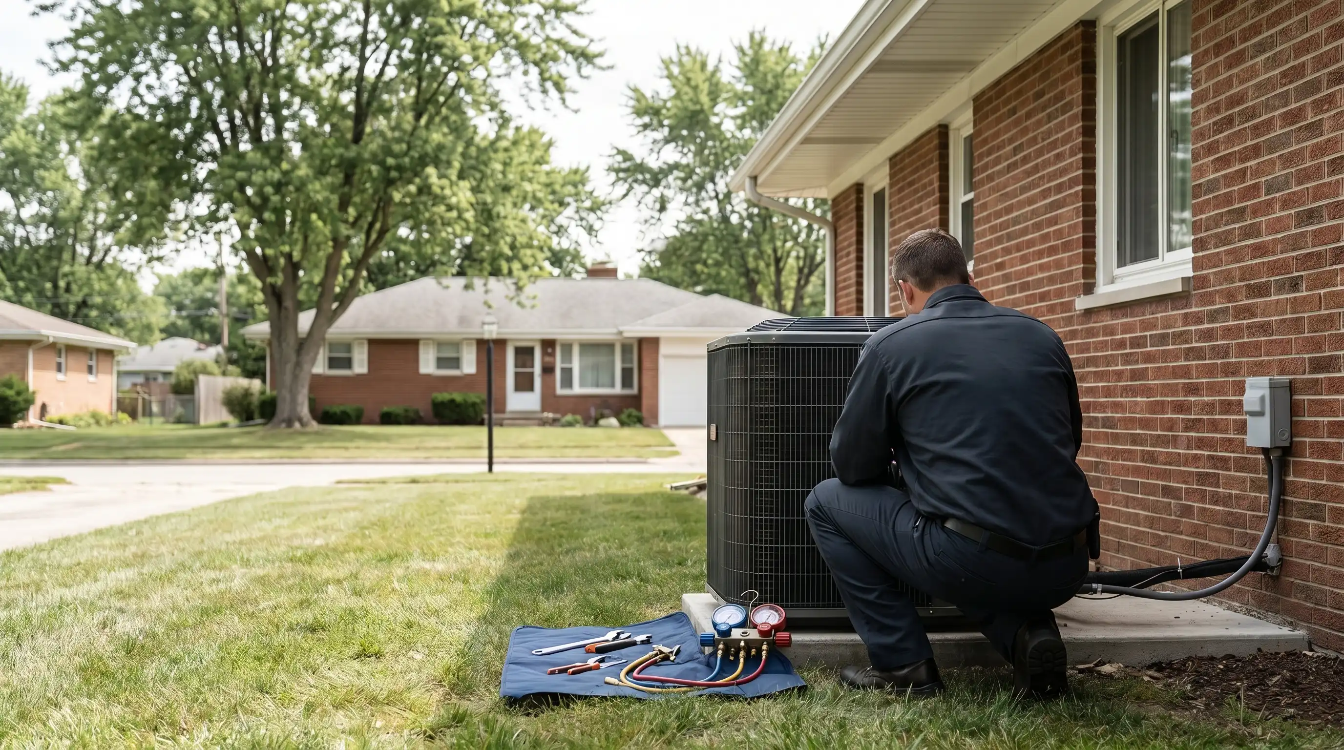 Professional HVAC technician servicing an outdoor AC condenser at a brick Peoria, IL residential home