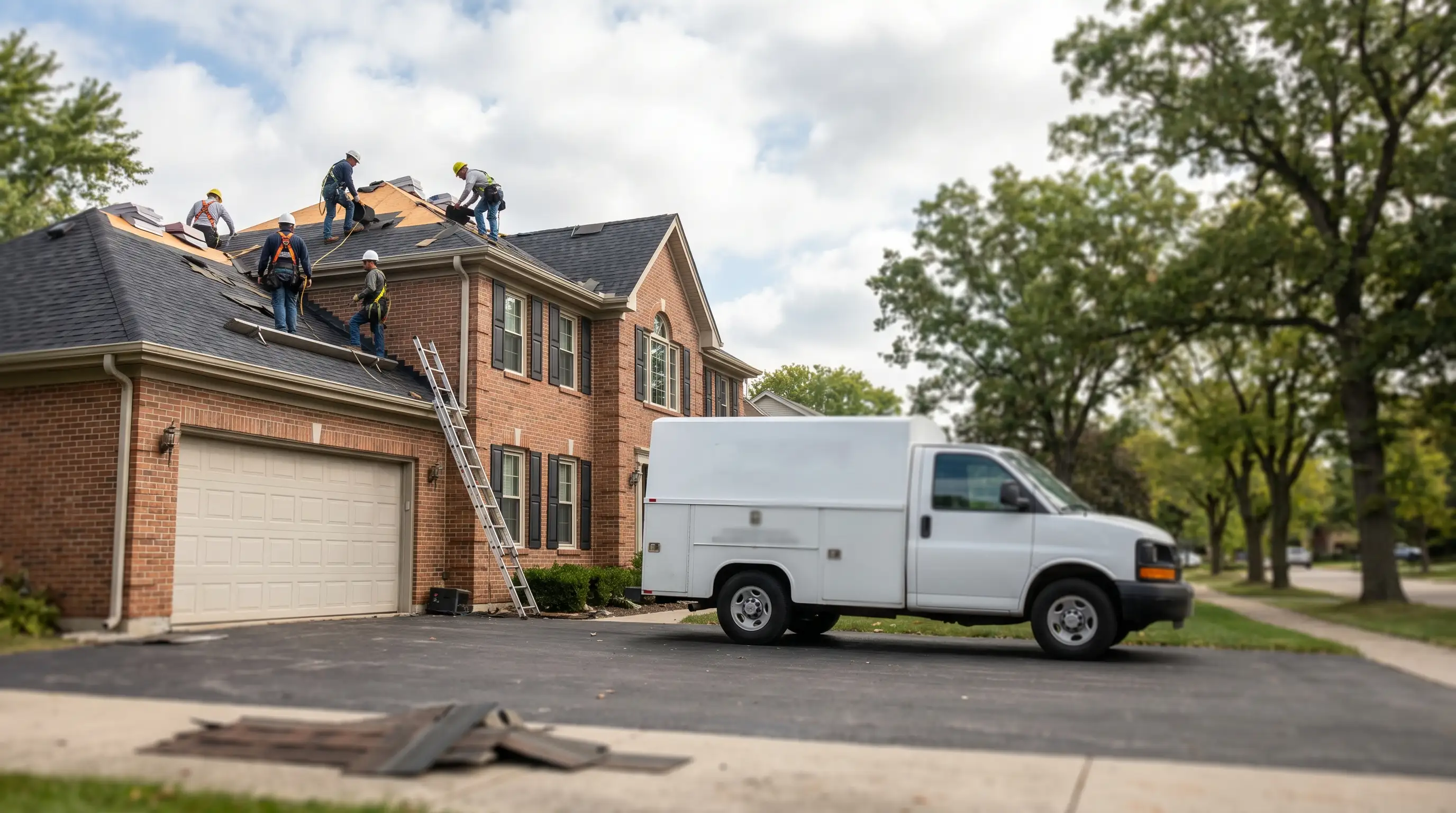 Professional roofing crew replacing shingles on a brick Peoria, IL residential home with branded truck in the driveway