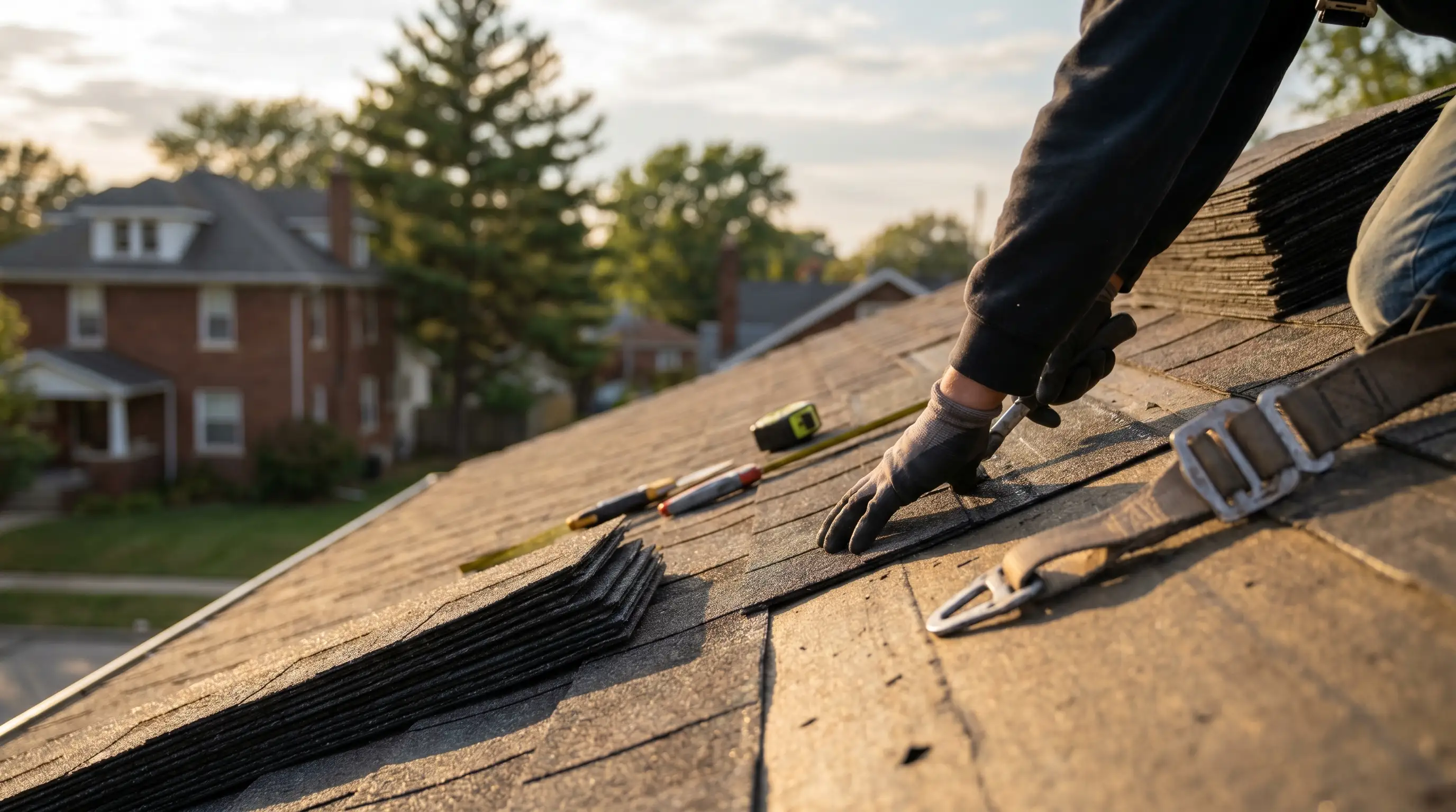 Professional roofing crew replacing shingles on a brick Peoria, IL residential home with branded truck in the driveway