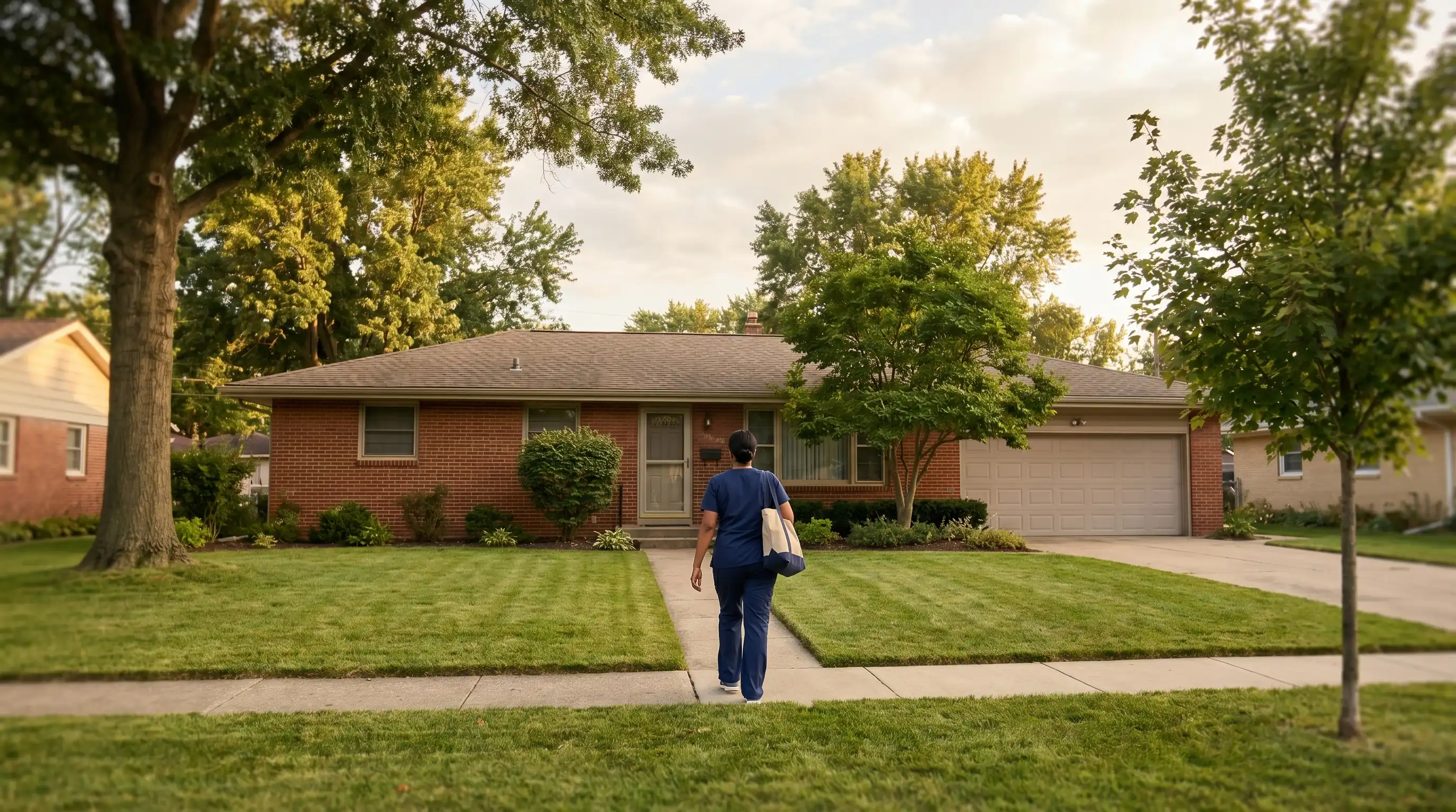 Uniformed in-home caregiver walking up the path to a brick Peoria, IL ranch home on a sunny afternoon