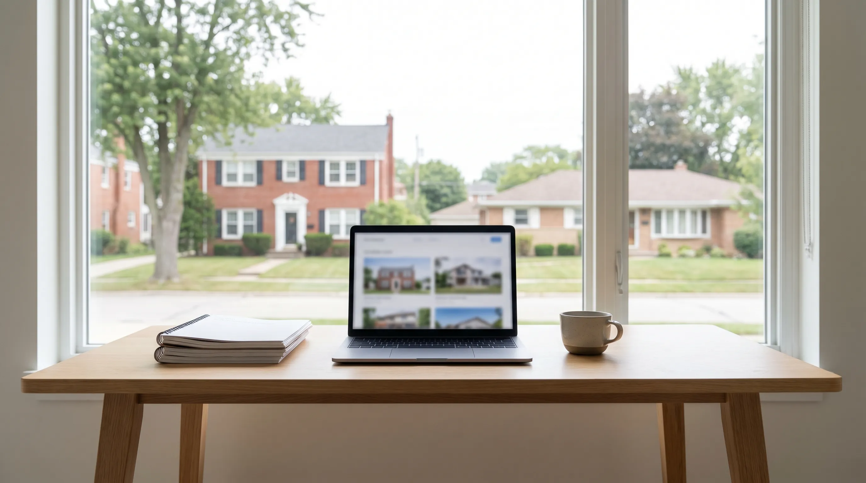Real estate agent and young couple reviewing property listings on a laptop in a modern Peoria, IL consultation office