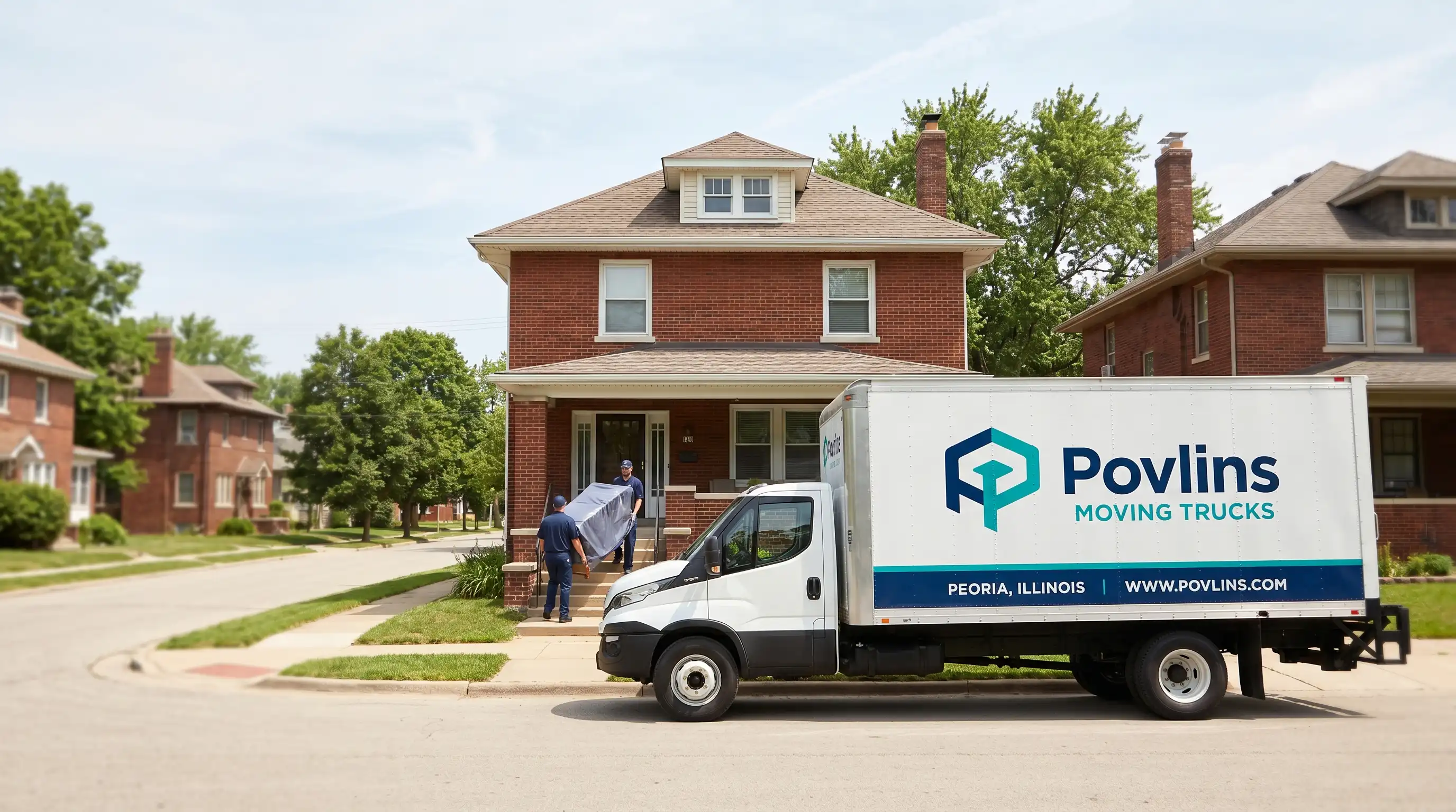 Two uniformed professional movers carefully carrying furniture down the front steps of a brick Peoria, IL home with a branded moving truck parked at the curb