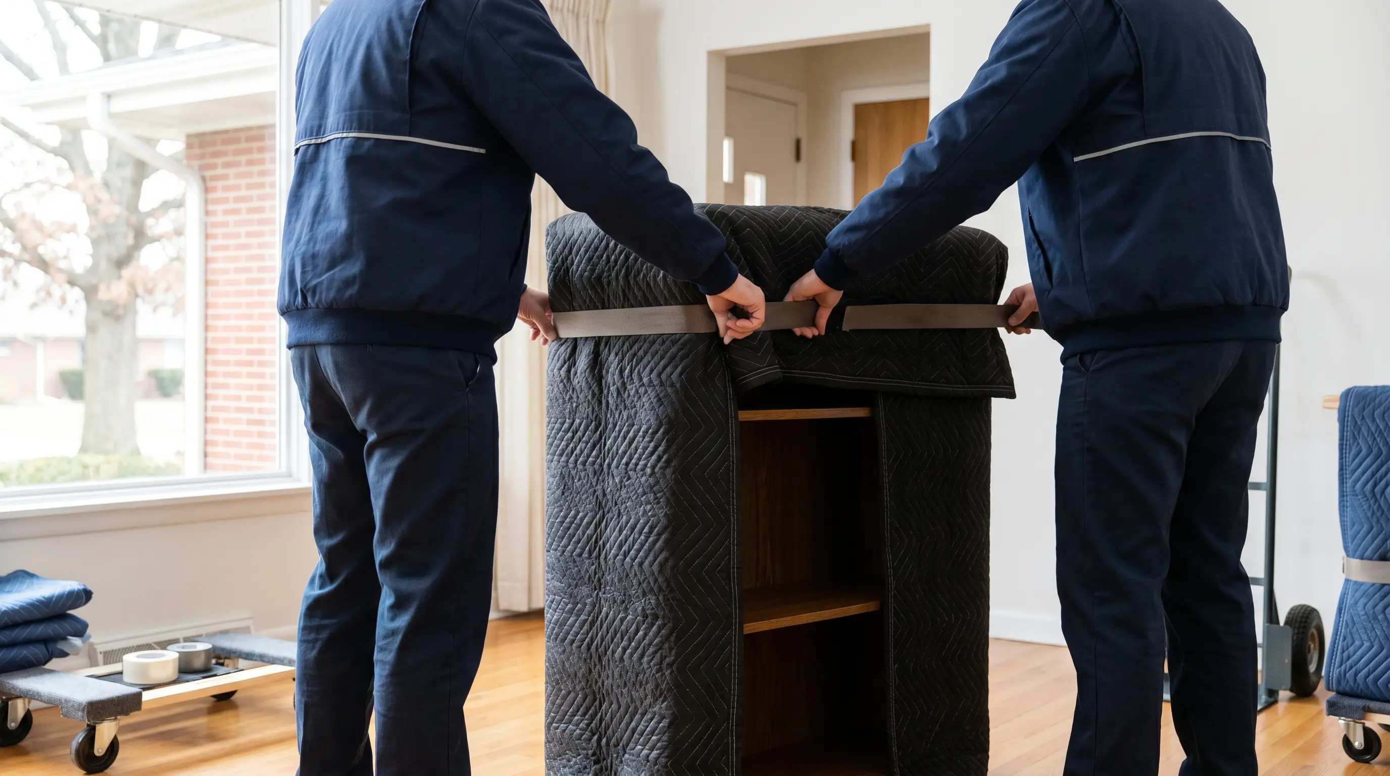 Two uniformed professional movers carefully carrying furniture down the front steps of a brick Peoria, IL home with a branded moving truck parked at the curb