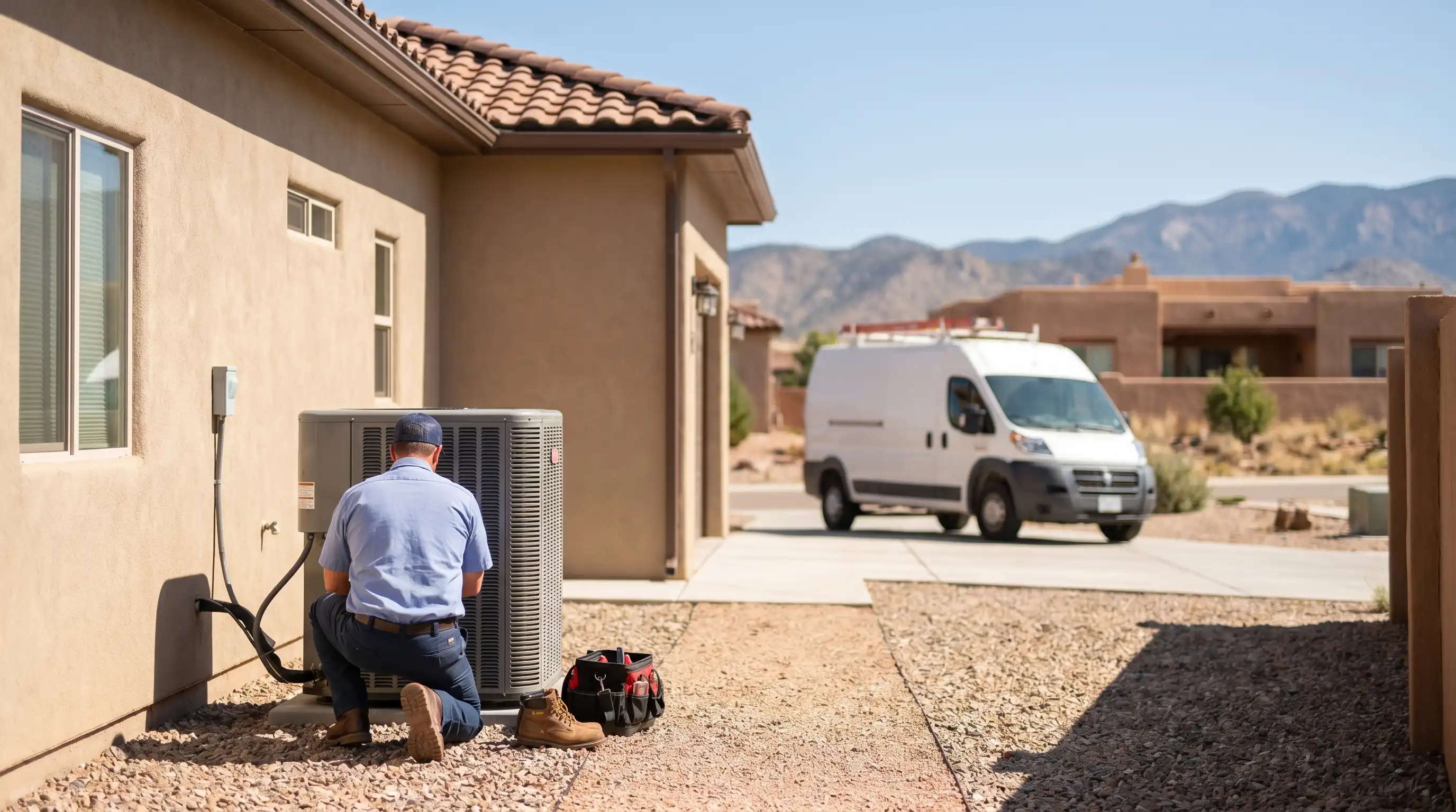Professional HVAC technician servicing a central air conditioning unit at a residential home in Pueblo, CO