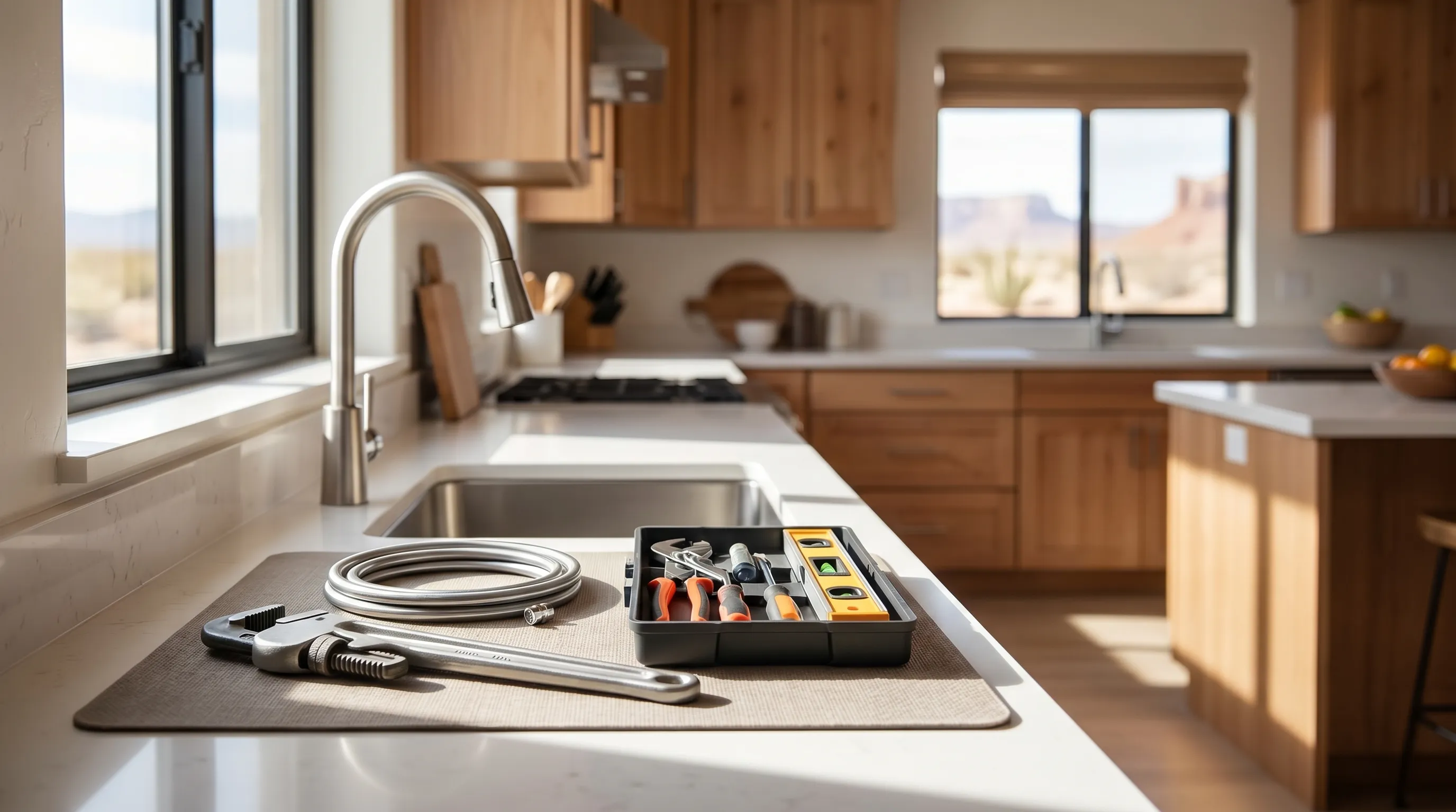 Professional plumber repairing pipes under a kitchen sink in a Pueblo, CO residential home