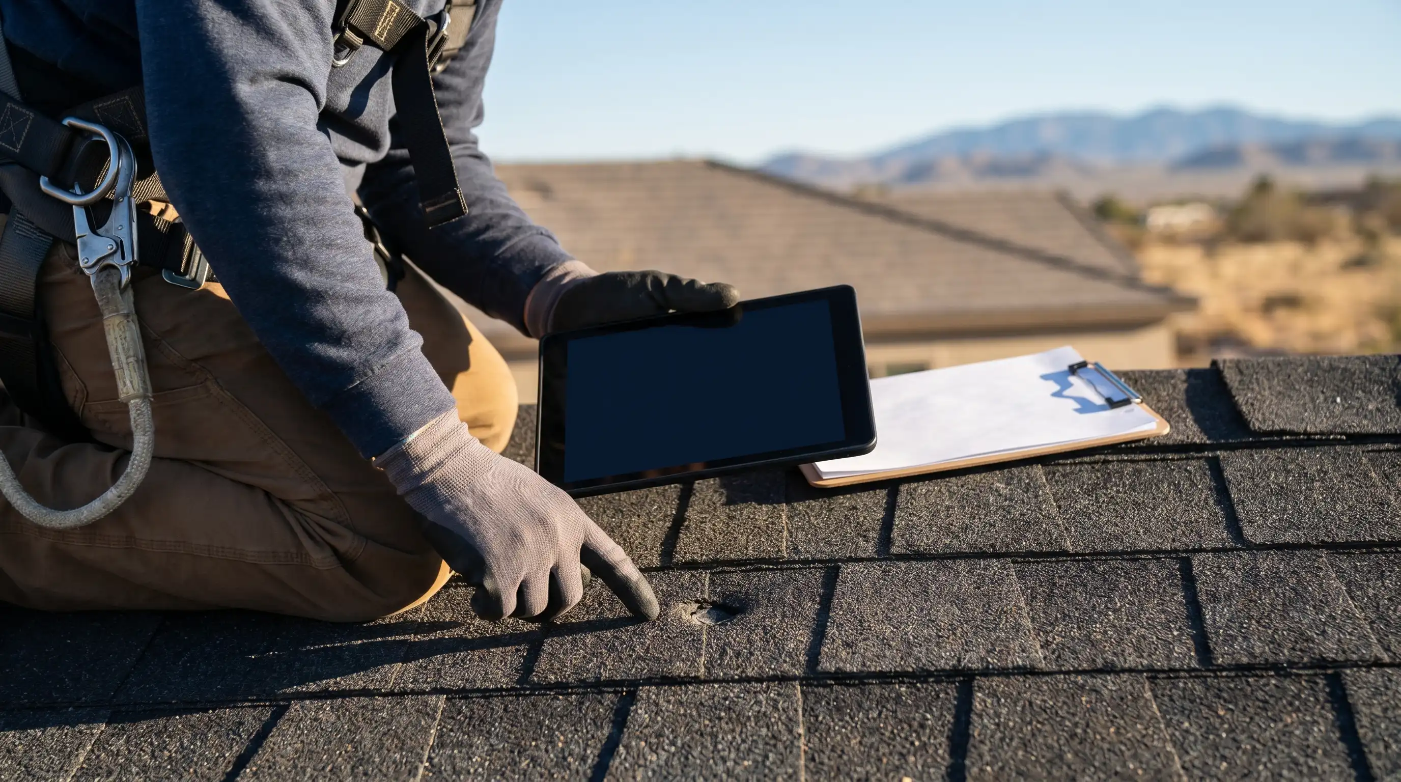 Roofing contractor inspecting hail damage on asphalt shingles at a residential home in Pueblo, CO