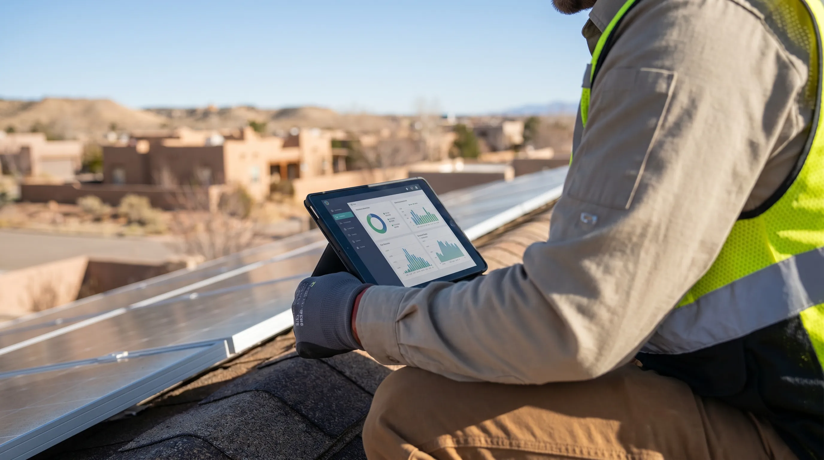 Solar technician in a company-logoed shirt running diagnostics on rooftop solar panels at a Pueblo, CO residential home with the Rocky Mountain foothills visible in the background