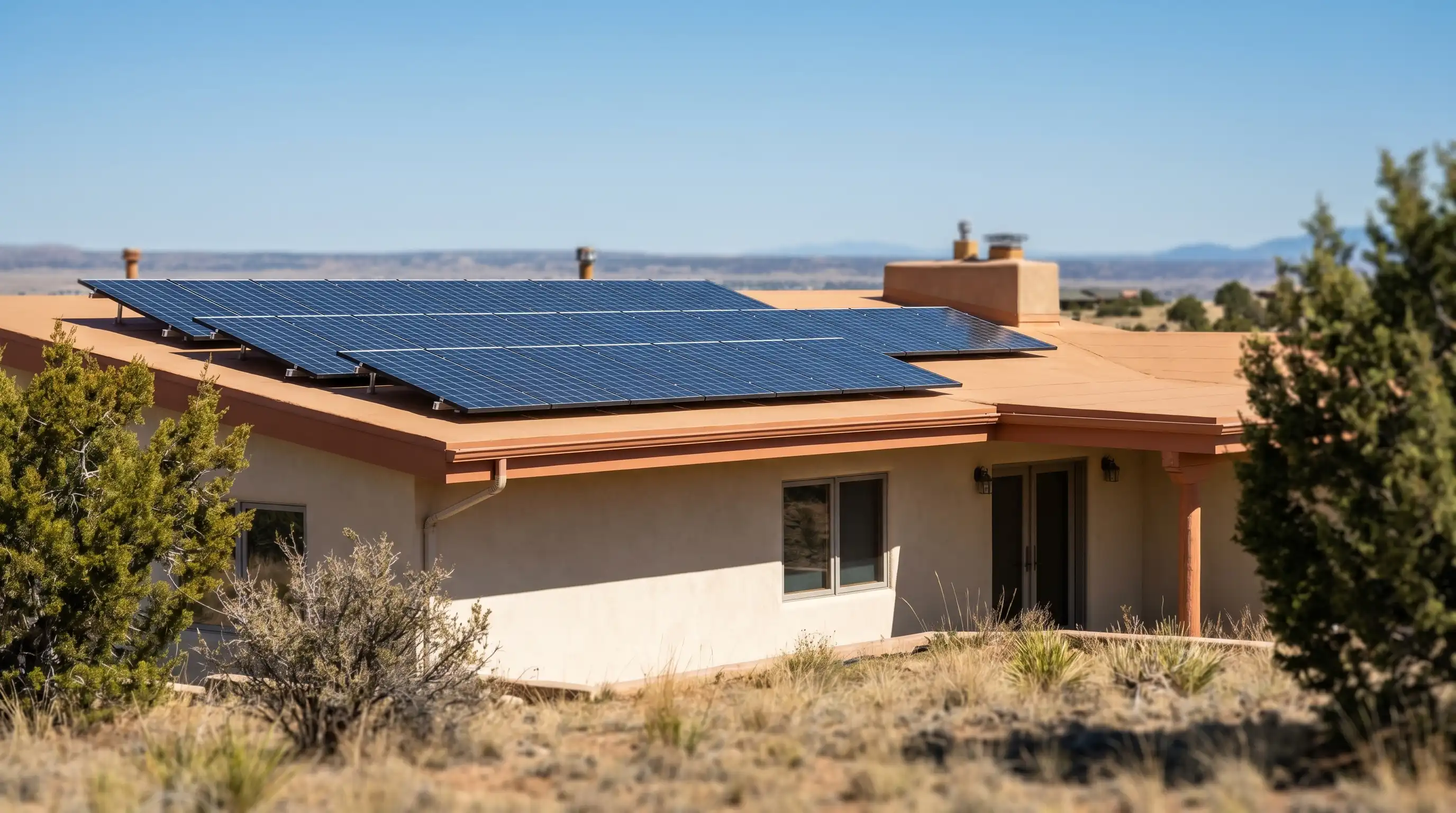 Solar technician in a company-logoed shirt running diagnostics on rooftop solar panels at a Pueblo, CO residential home with the Rocky Mountain foothills visible in the background