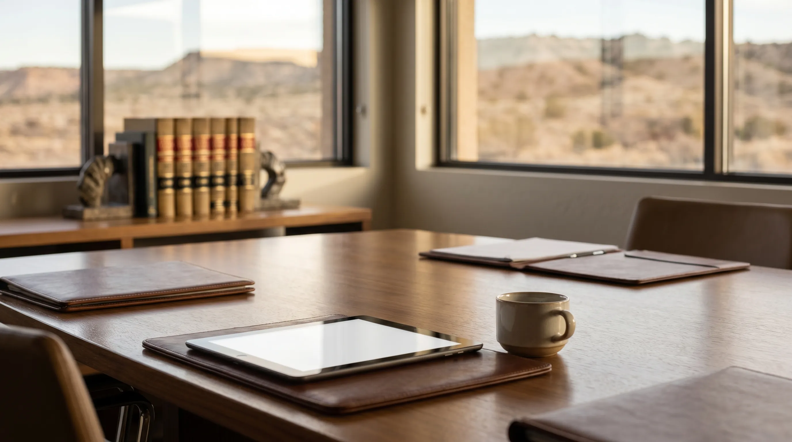 Professional attorney in a suit reviewing case documents with a client at a conference table in a Pueblo, CO law office