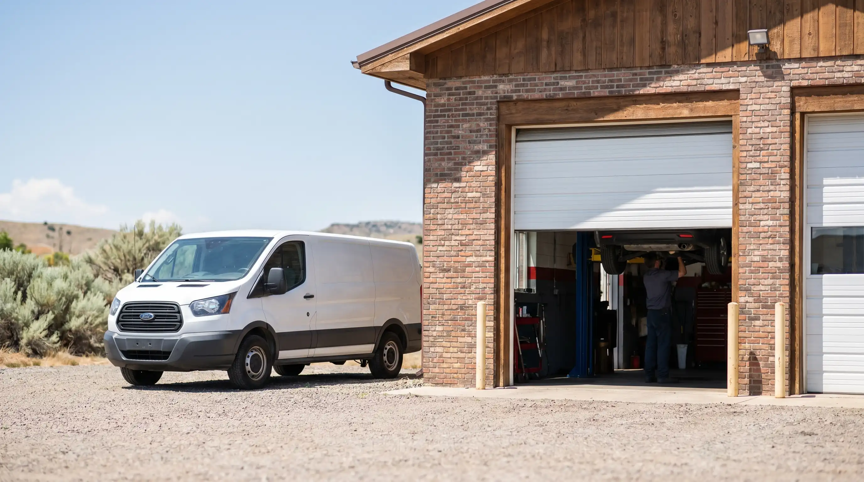 Mechanic in shop uniform performing a brake inspection on a vehicle on a lift inside a clean, well-lit auto repair bay in Pueblo, CO