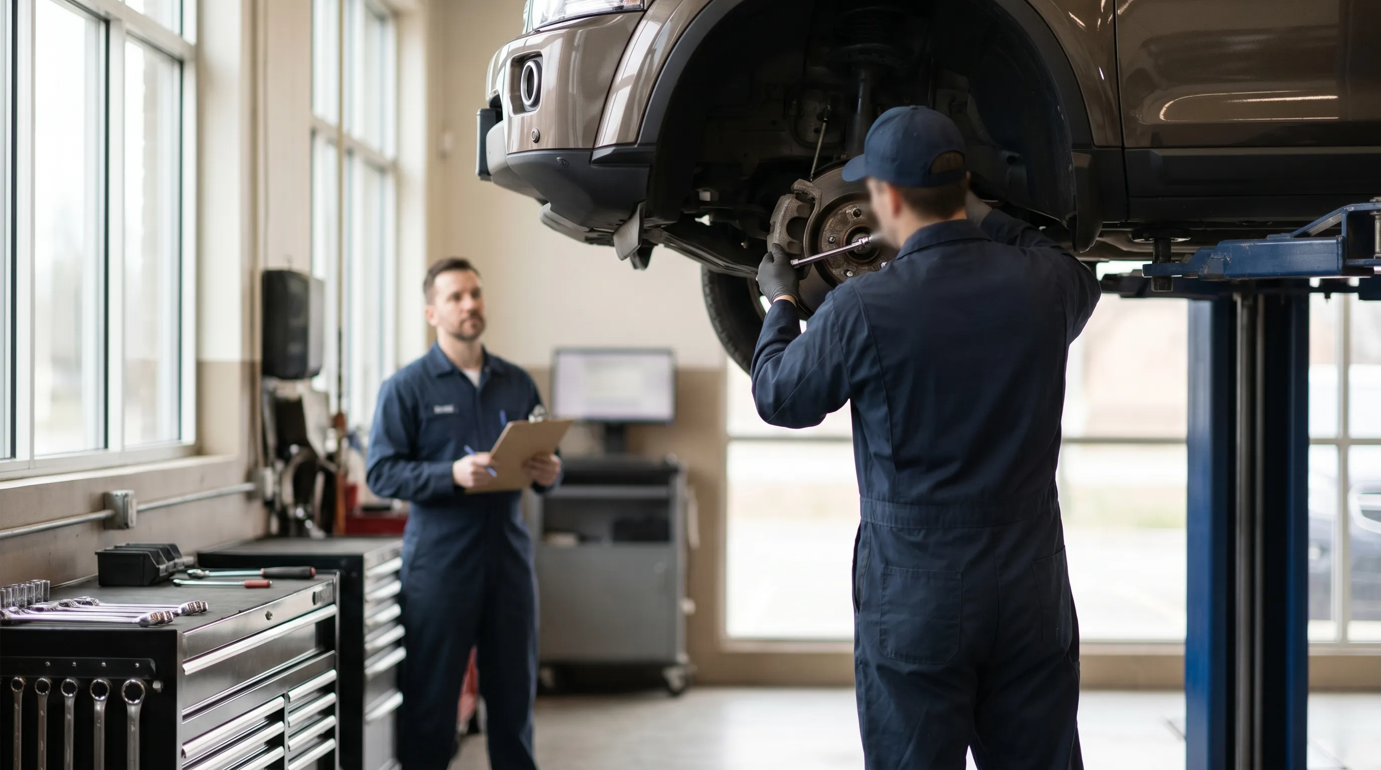 Mechanic in shop uniform performing a brake inspection on a vehicle on a lift inside a clean, well-lit auto repair bay in Pueblo, CO