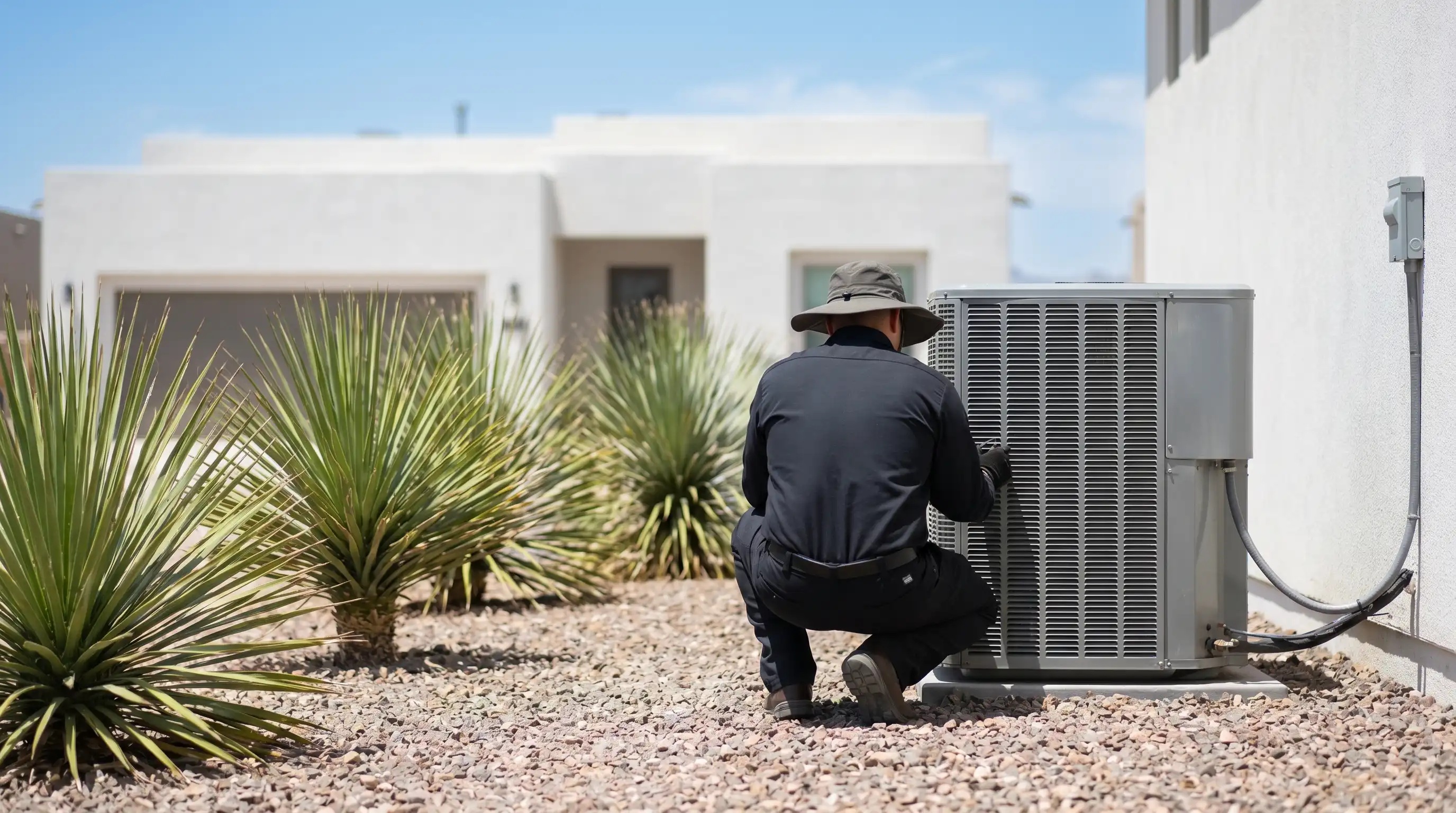 Professional HVAC technician servicing an outdoor AC unit at a stucco home in Las Cruces, NM