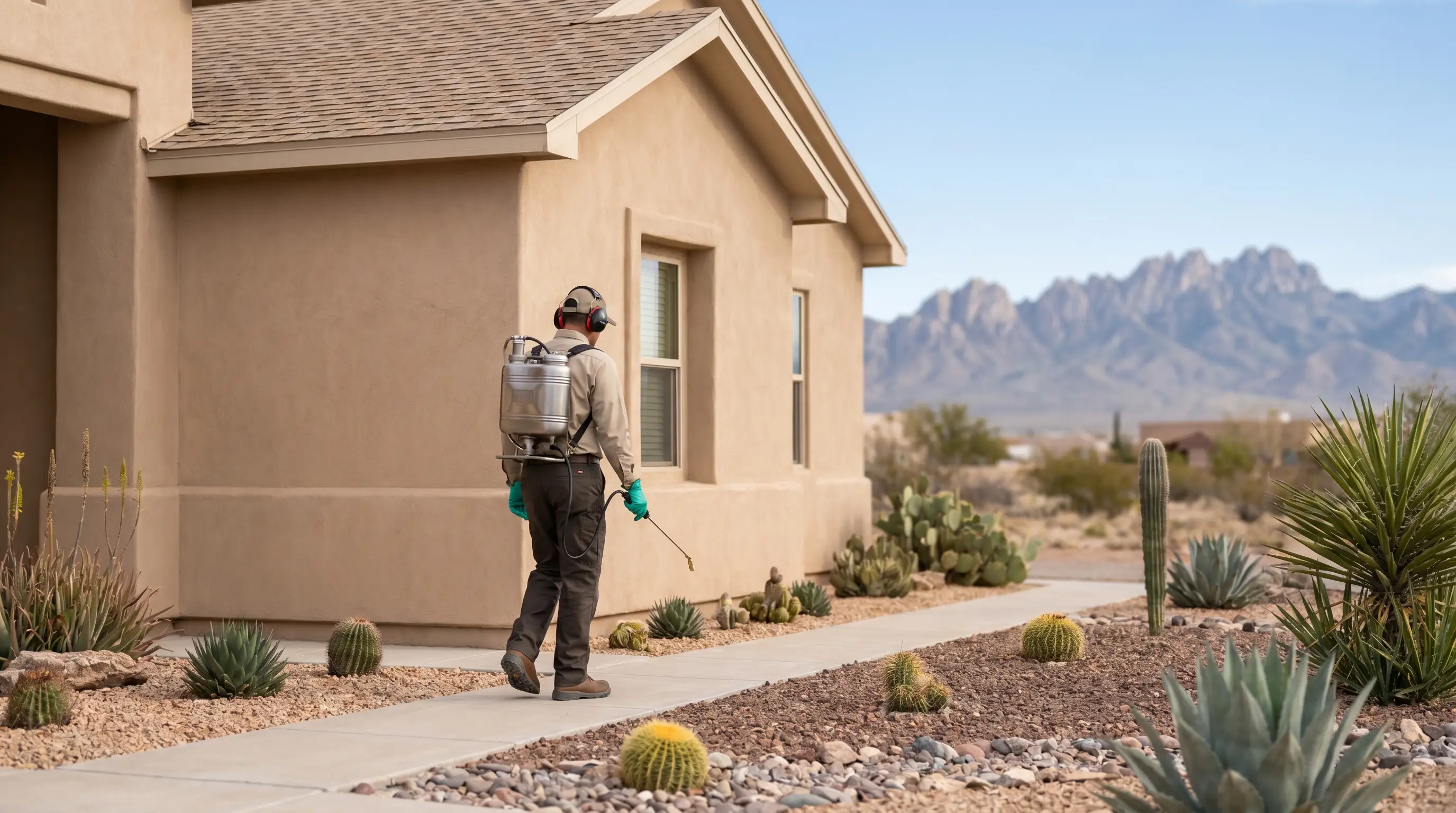 Licensed pest control technician inspecting the foundation perimeter of a stucco home in Las Cruces, NM with the Organ Mountains in the background