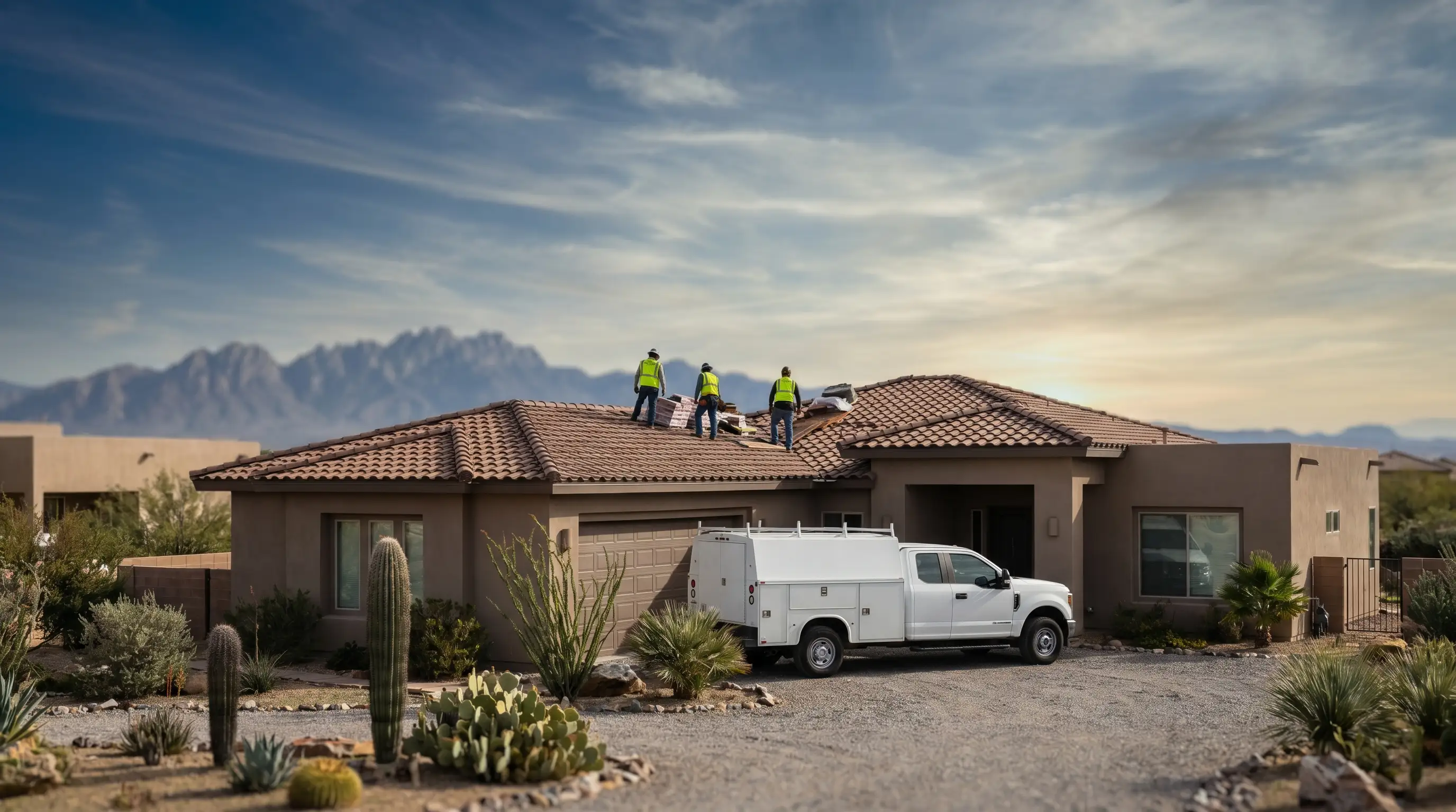 Professional roofing crew inspecting a low-slope foam roof on a Las Cruces stucco home with the Organ Mountains visible in the background