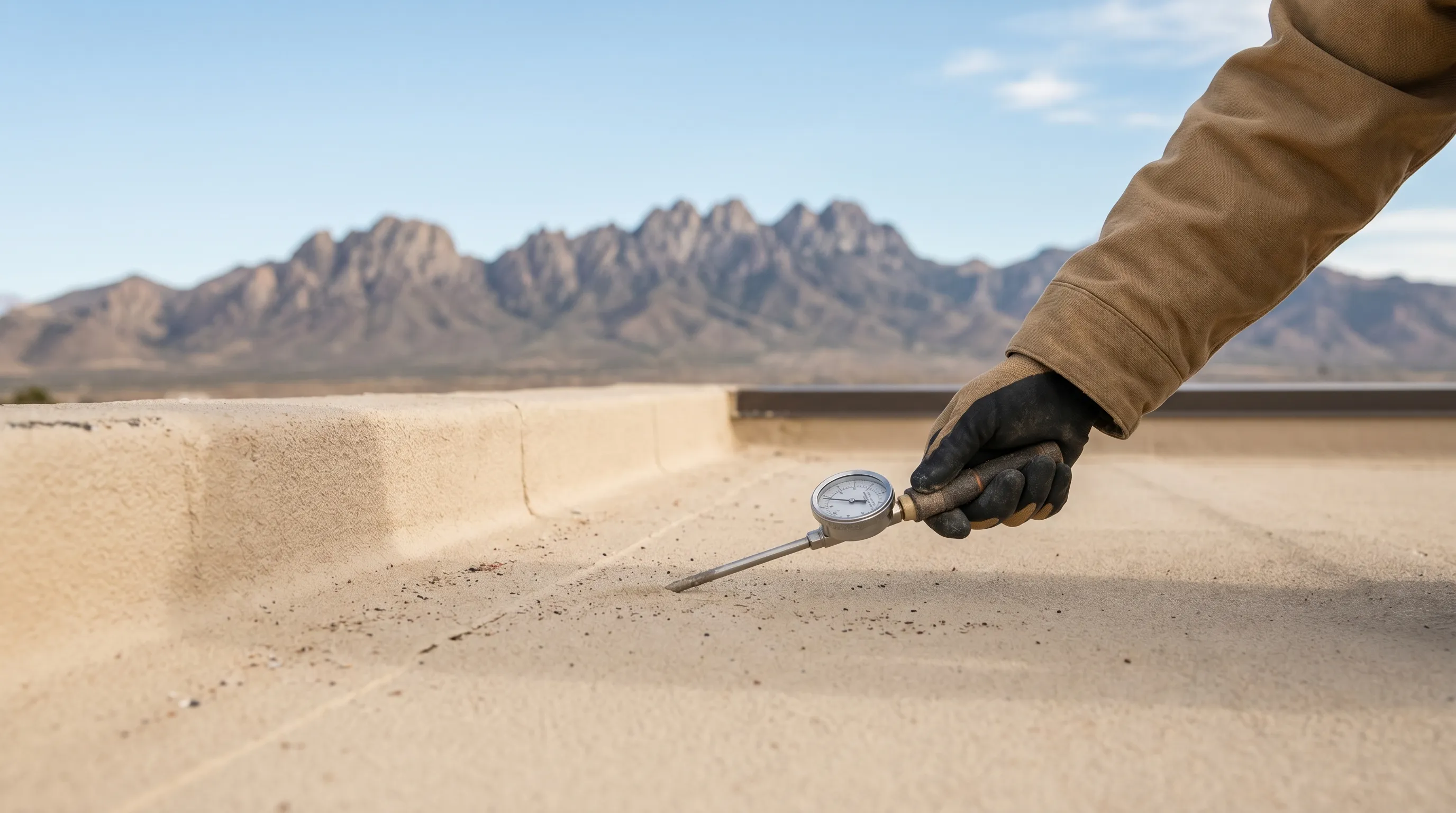 Professional roofing crew inspecting a low-slope foam roof on a Las Cruces stucco home with the Organ Mountains visible in the background