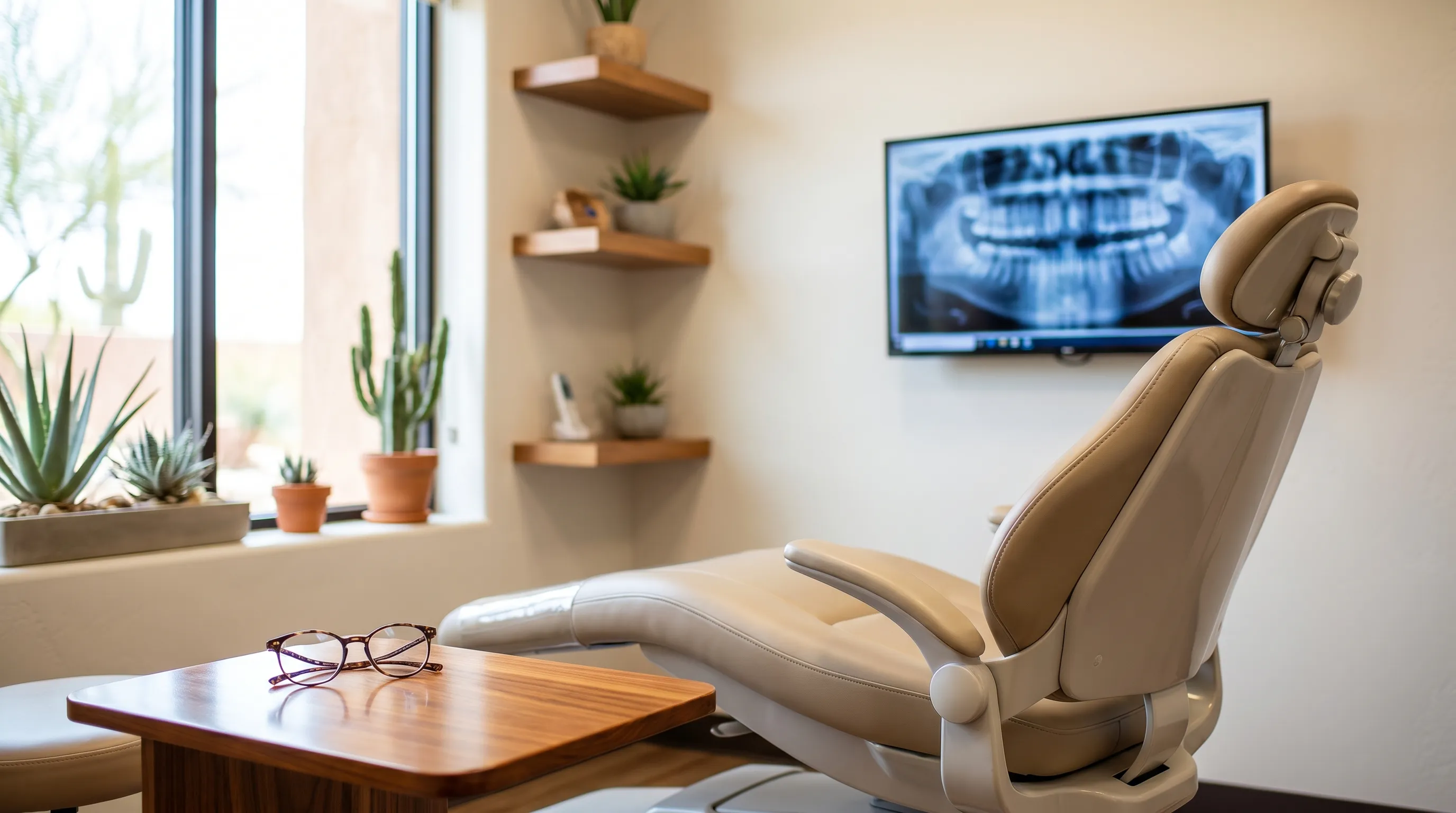 Professional dentist consulting with a patient inside a modern dental office in Las Cruces, NM with natural light and Southwest decor