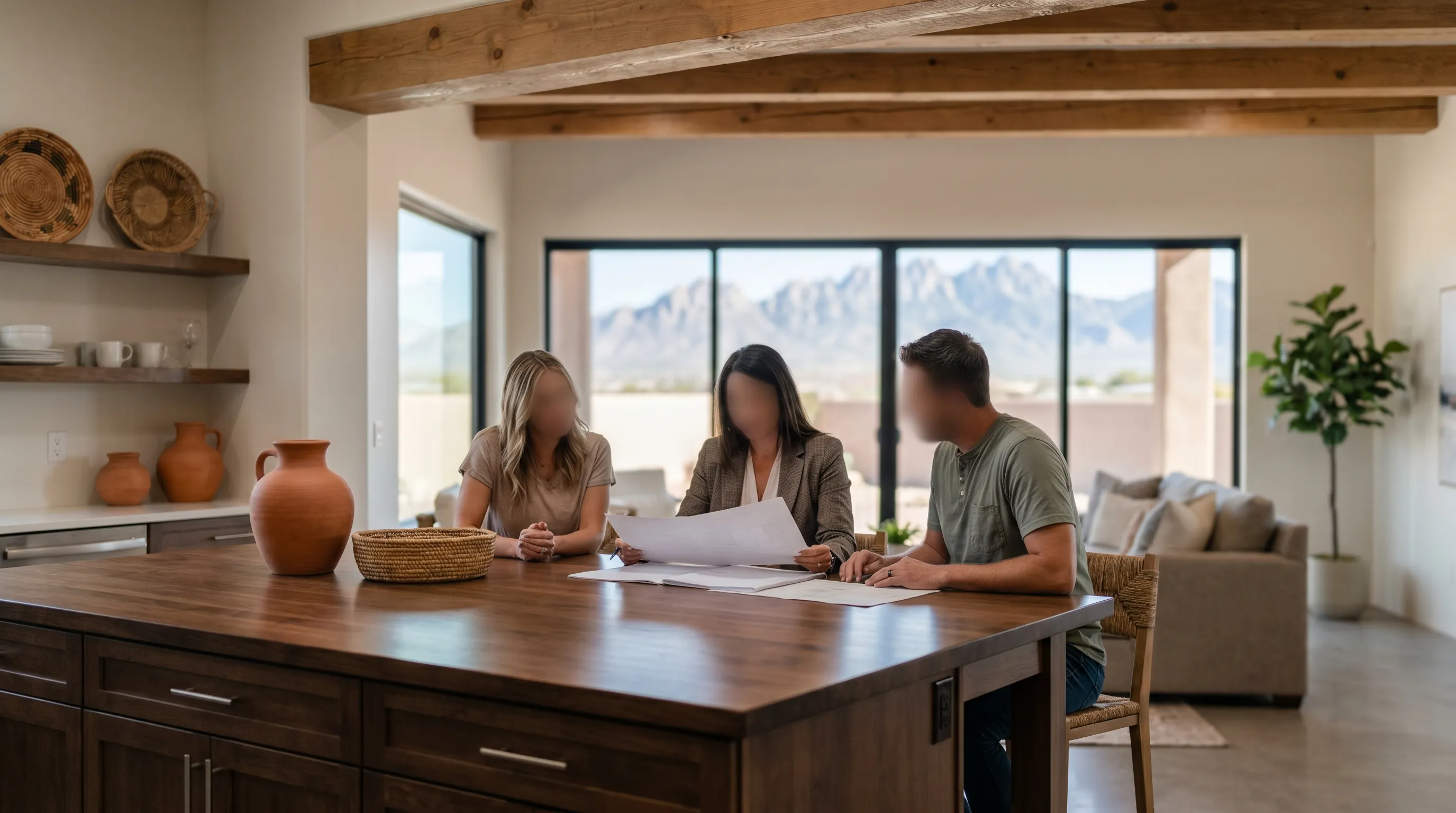 Professional real estate agent welcoming a couple to a new stucco home on Las Cruces' East Mesa with the Organ Mountains visible on the horizon