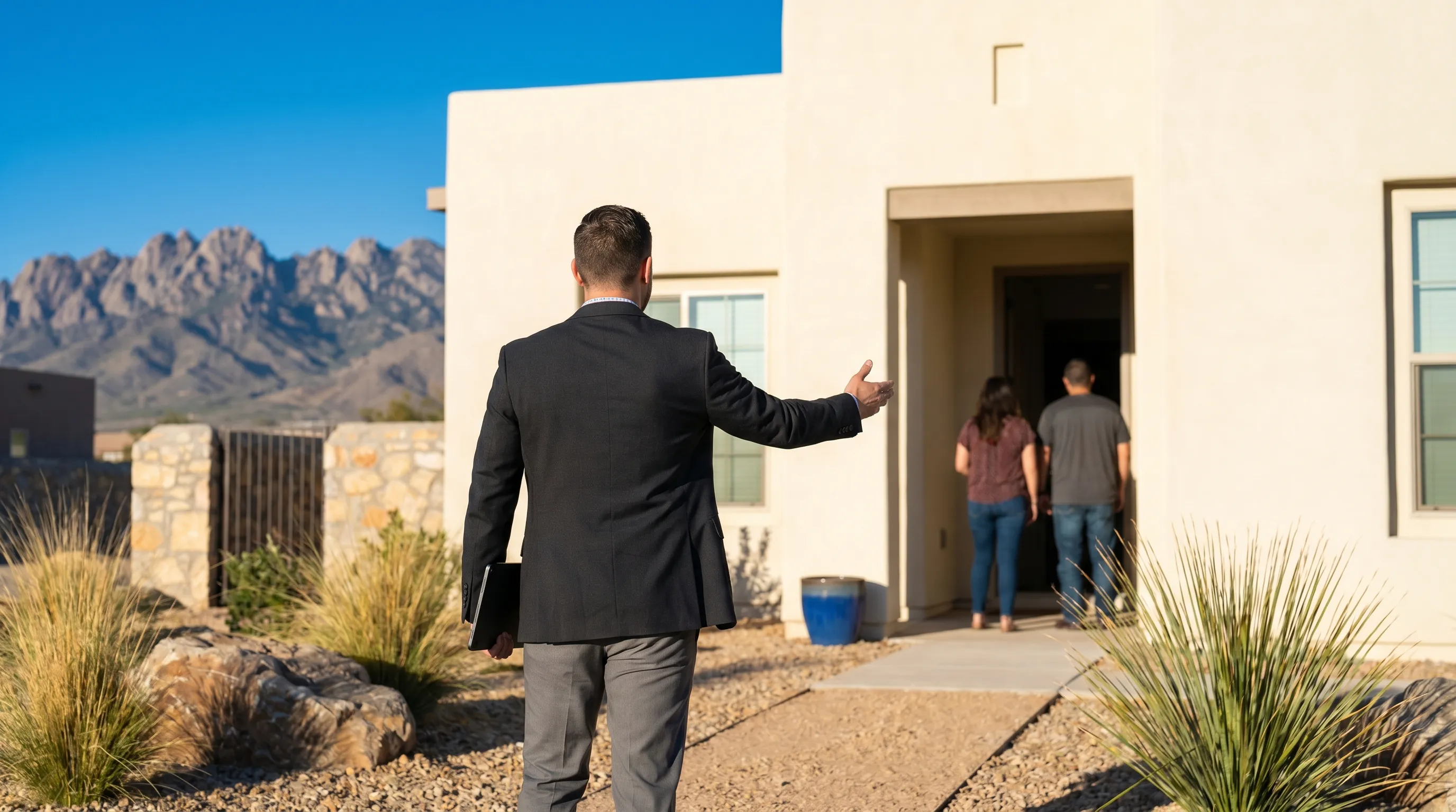 Professional real estate agent welcoming a couple to a new stucco home on Las Cruces' East Mesa with the Organ Mountains visible on the horizon