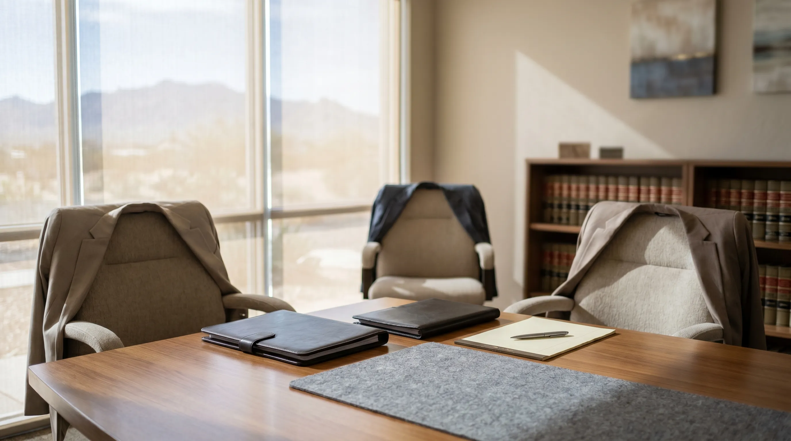 Professional attorney consulting with a client in a Las Cruces law office conference room with the Organ Mountains visible through the window