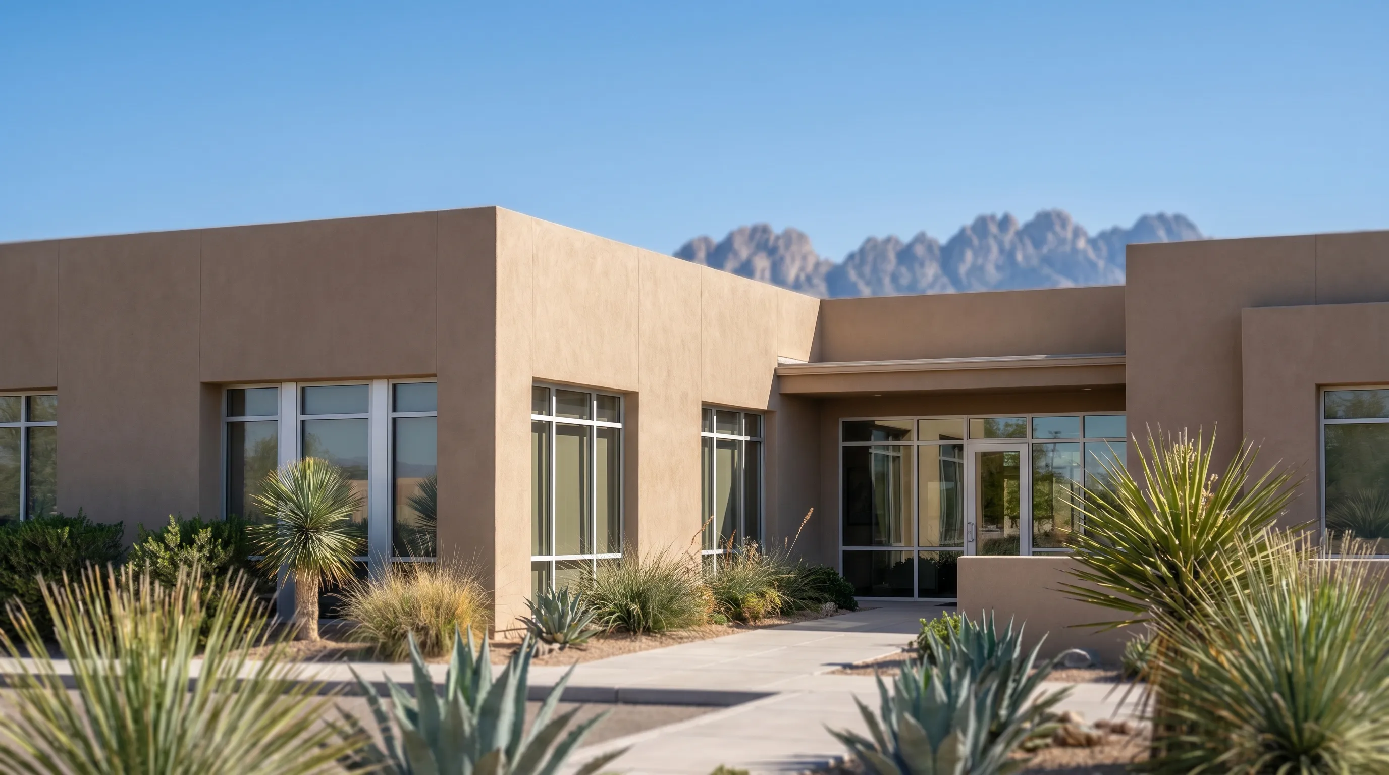 Professional attorney consulting with a client in a Las Cruces law office conference room with the Organ Mountains visible through the window