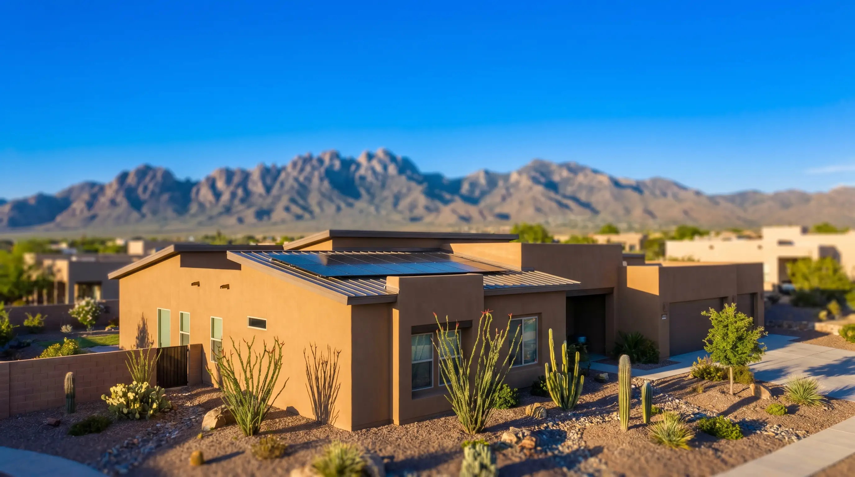 Las Cruces home with solar panels on a stucco roof under an intense blue New Mexico sky with the Organ Mountains visible in the background