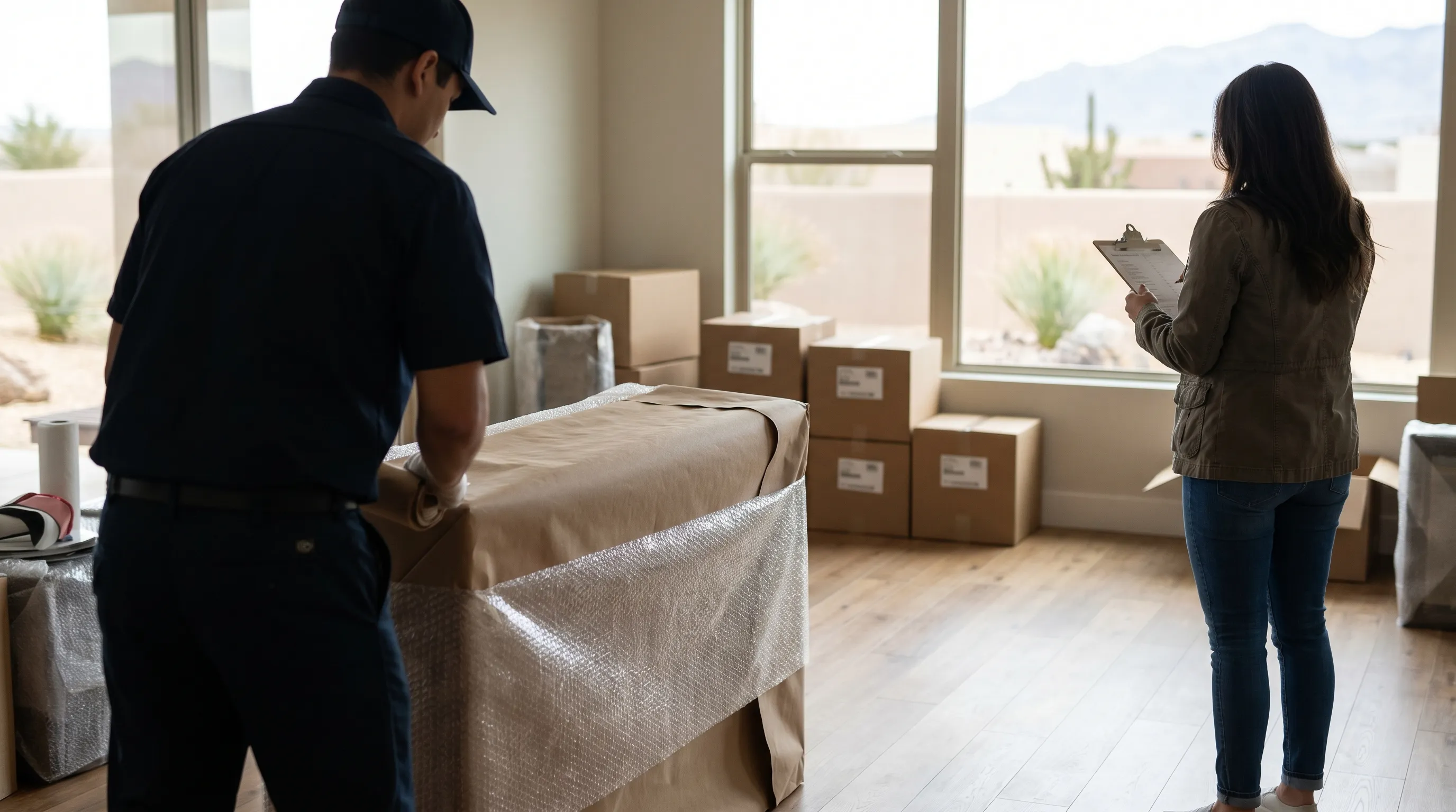 Professional moving crew in branded uniforms loading furniture into a moving truck in front of a Las Cruces stucco home with the Organ Mountains in the background