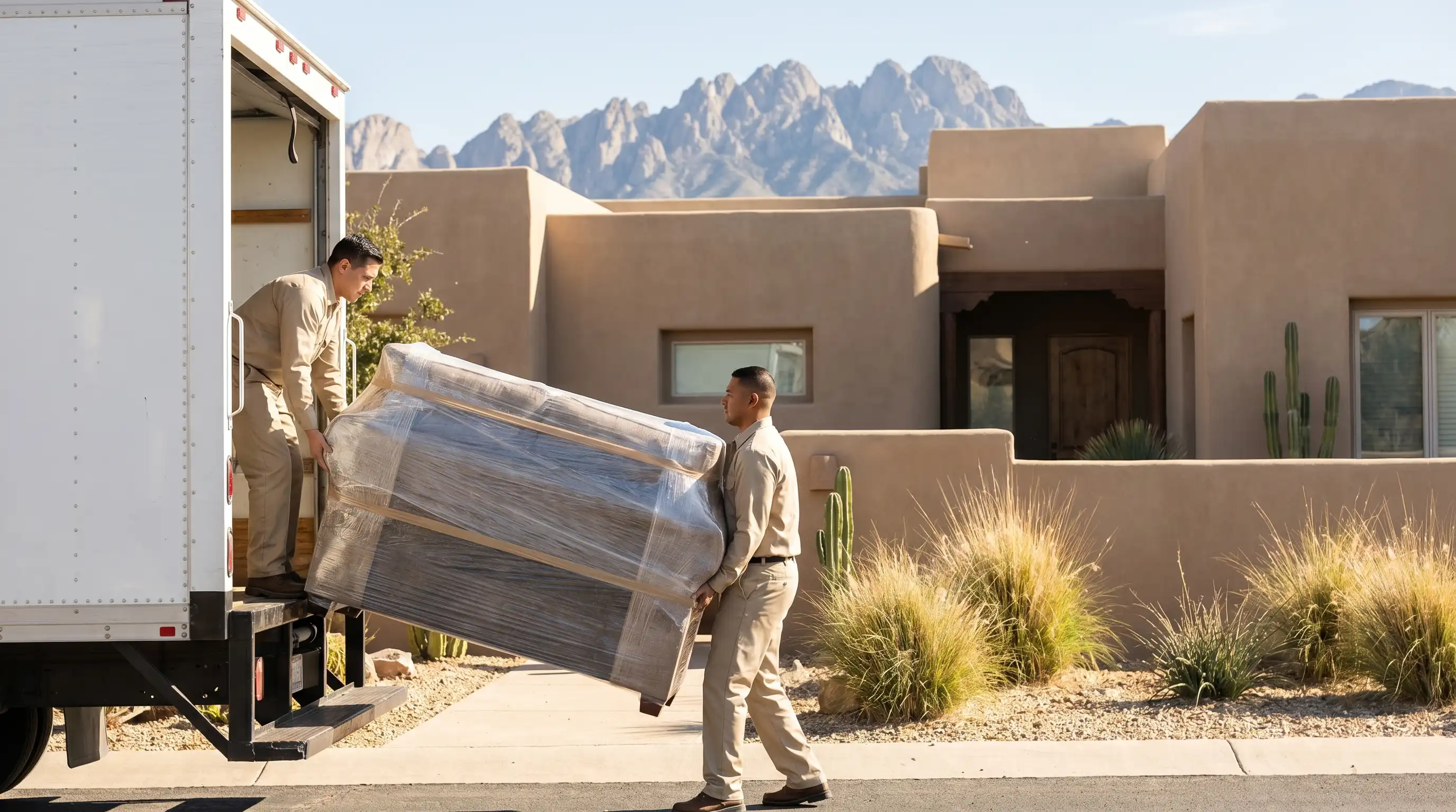 Professional moving crew in branded uniforms loading furniture into a moving truck in front of a Las Cruces stucco home with the Organ Mountains in the background