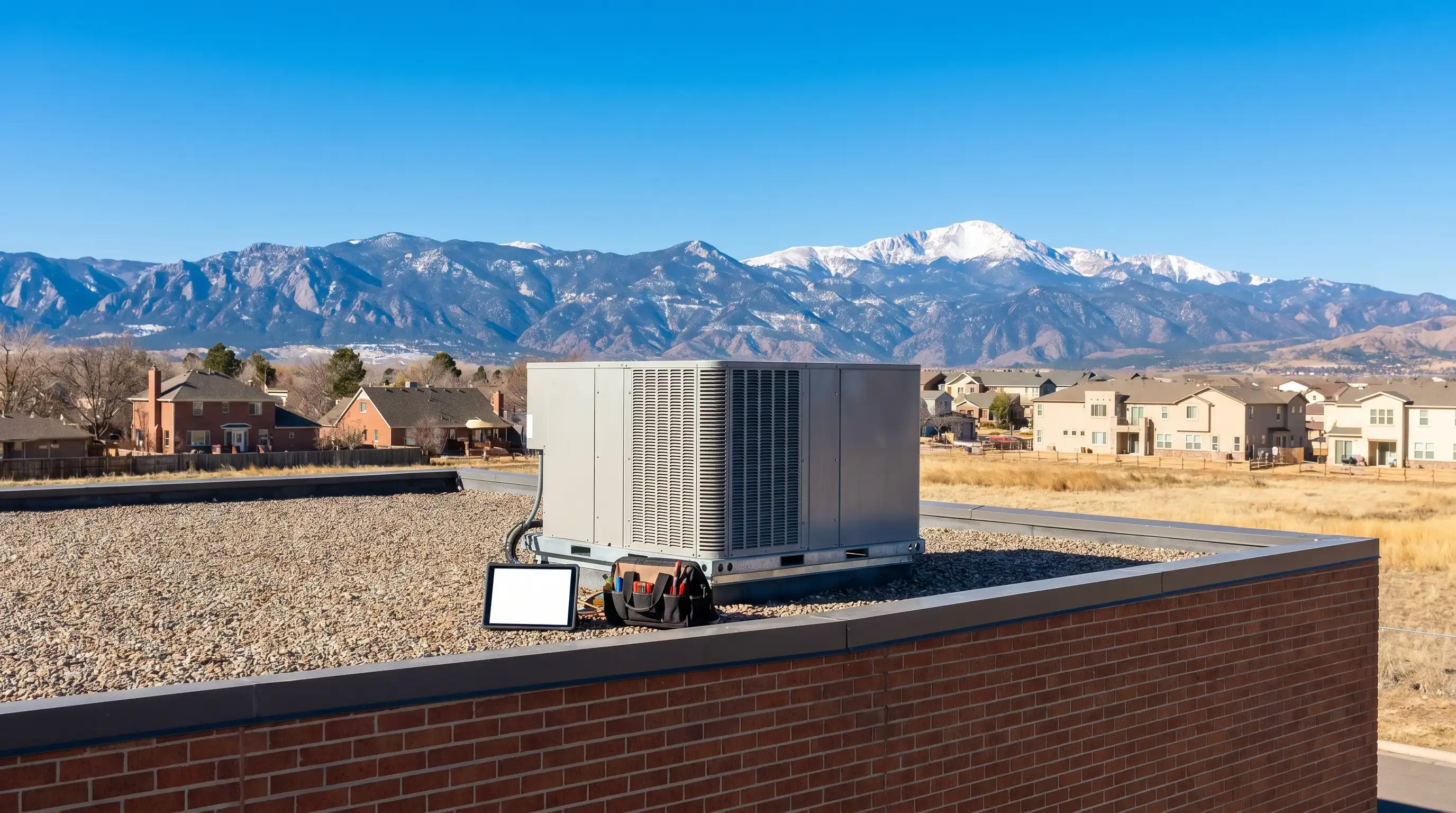 Professional HVAC technician servicing a rooftop condenser unit in Greeley, CO with the Rocky Mountain Front Range visible in the background