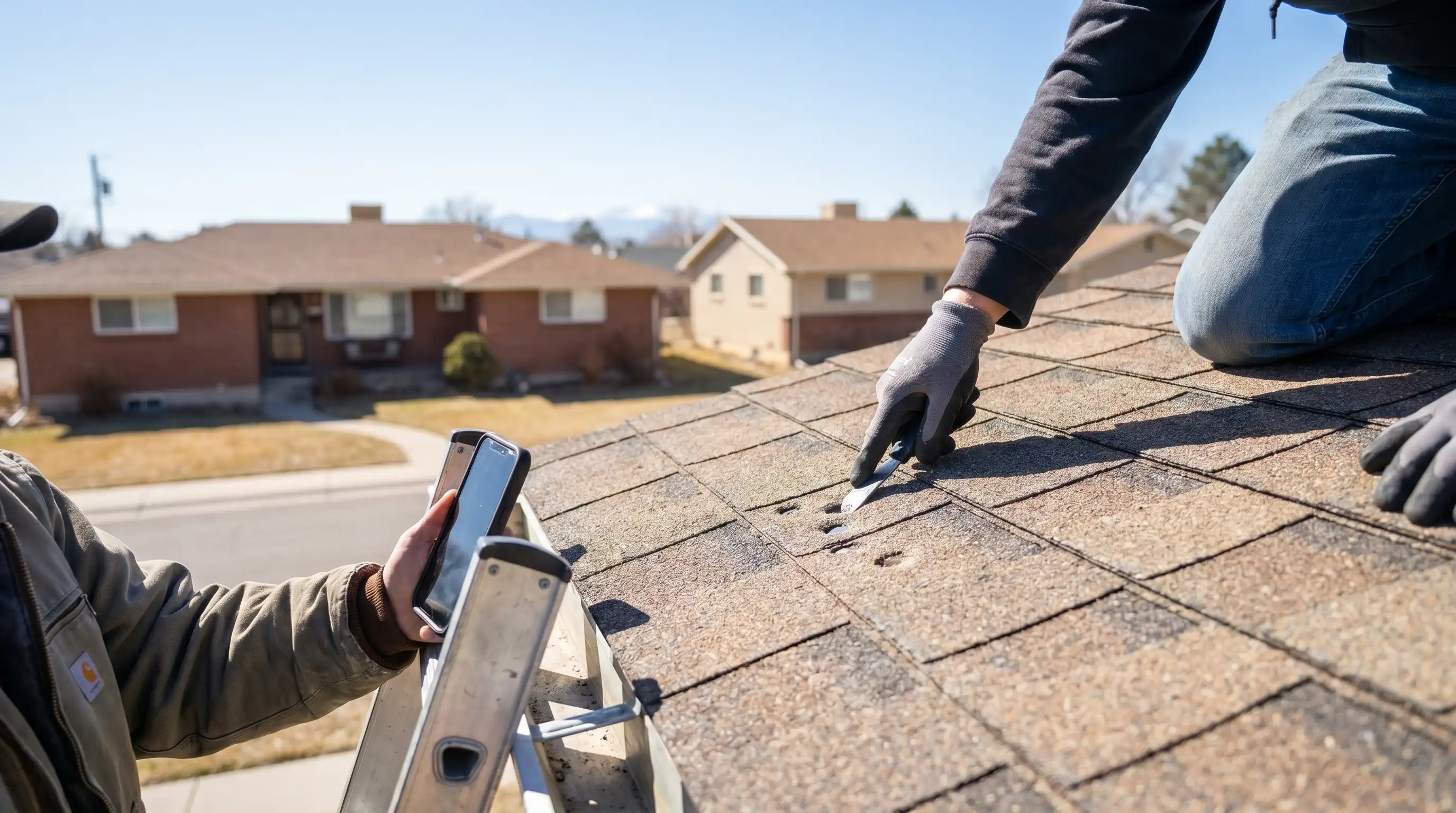 Professional roofing contractor inspecting hail damage on a residential roof in Greeley, CO with the high-plains horizon visible in the background