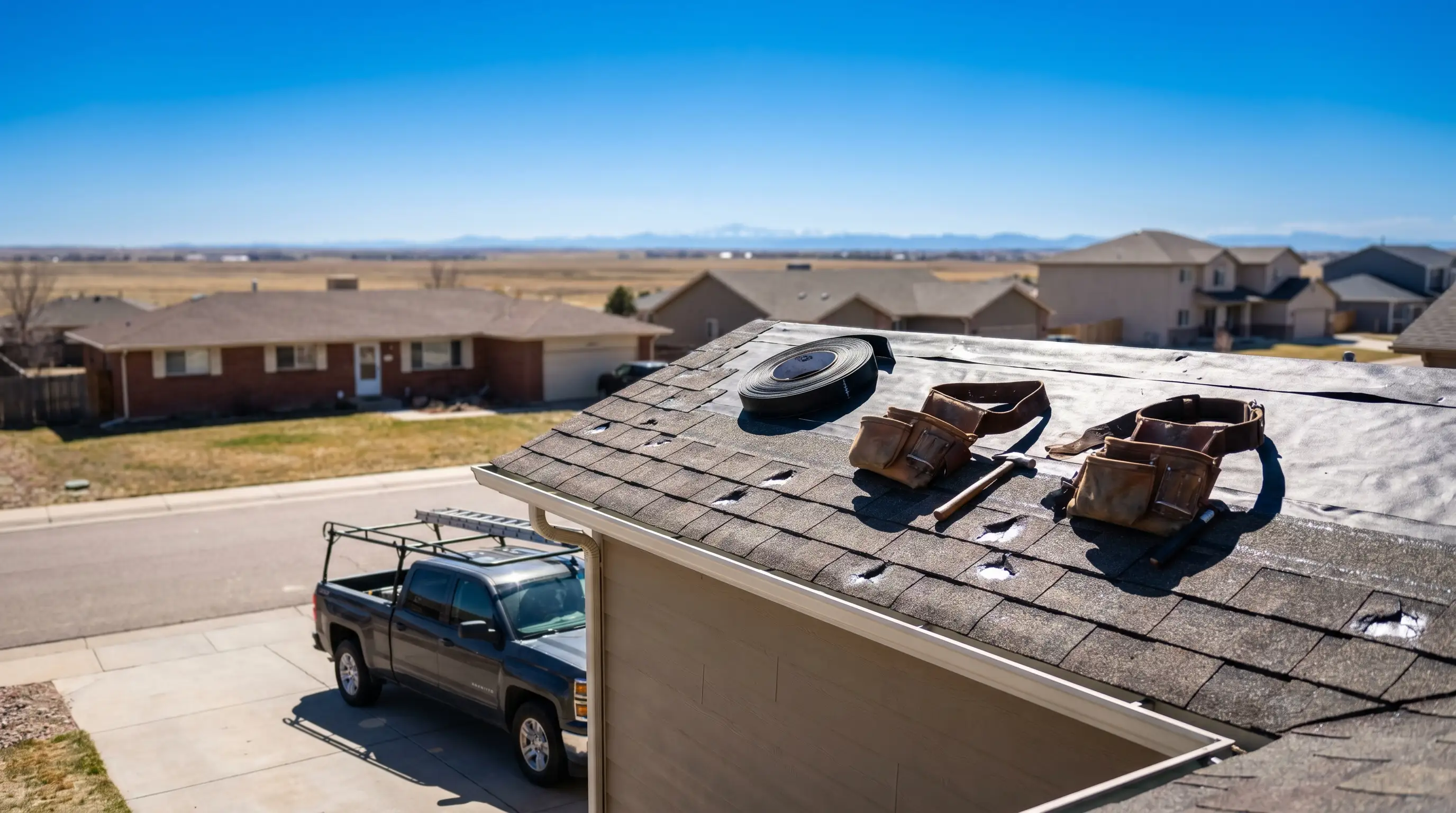 Professional roofing contractor inspecting hail damage on a residential roof in Greeley, CO with the high-plains horizon visible in the background