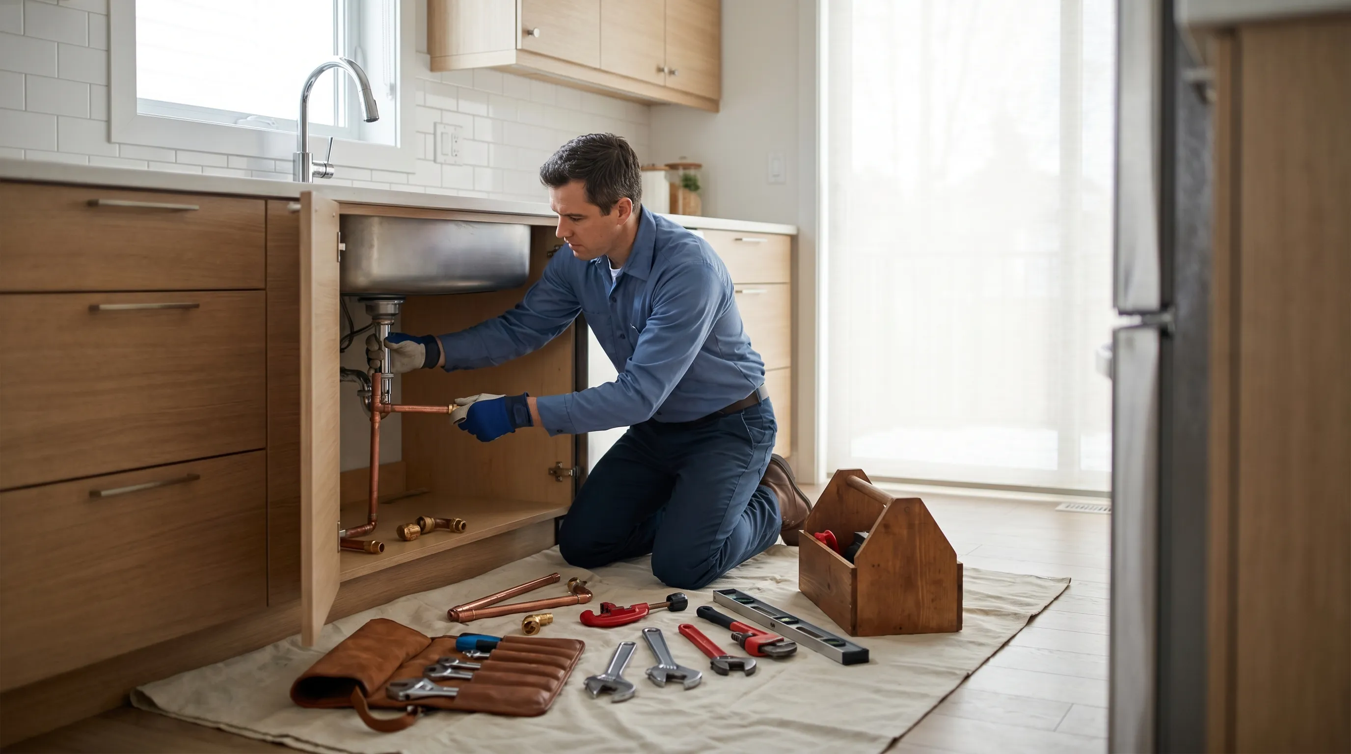 Professional plumber working under a kitchen sink in a classic Greeley ranch-style home, tools organized on a drop cloth in a warm residential setting