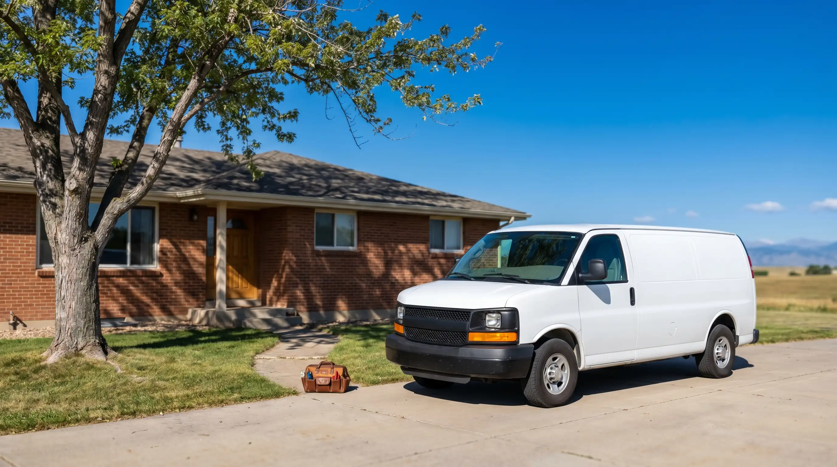 Professional plumber working under a kitchen sink in a classic Greeley ranch-style home, tools organized on a drop cloth in a warm residential setting