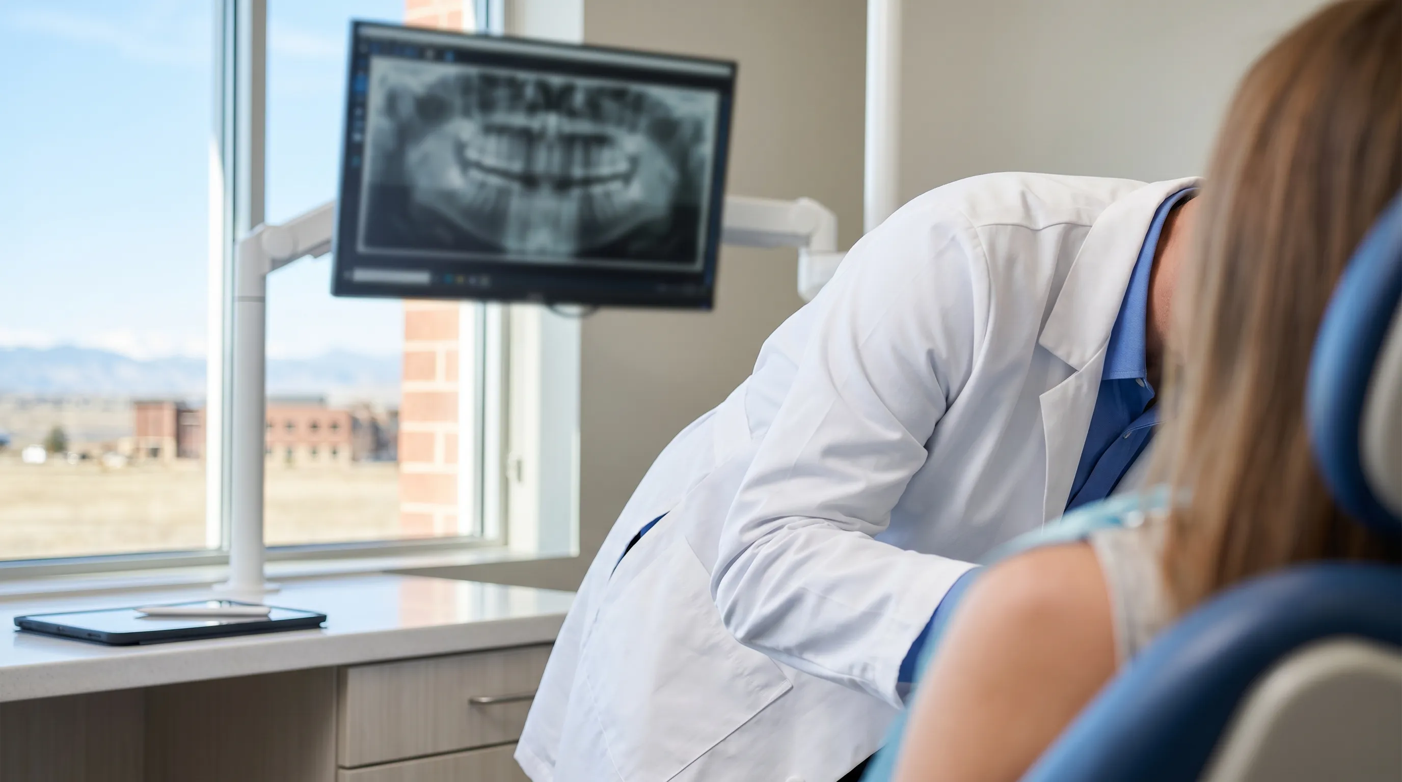 Professional dentist consulting with a patient in a modern Greeley dental office treatment room with digital X-ray technology visible in the background