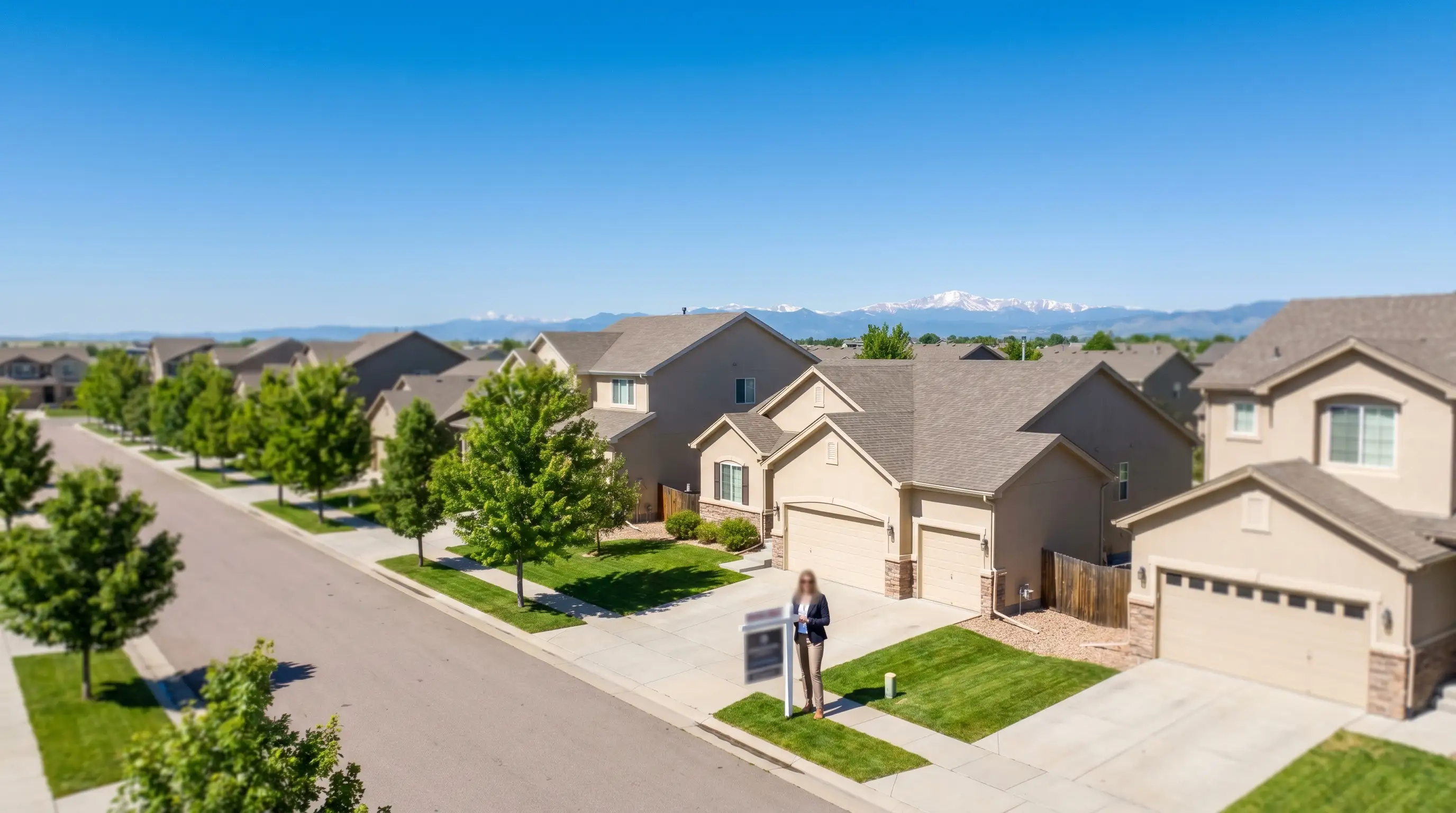 Real estate agent in business casual attire holding a SOLD sign in front of a beige stucco home in a newer Greeley subdivision with the Rocky Mountain Front Range visible in the distance