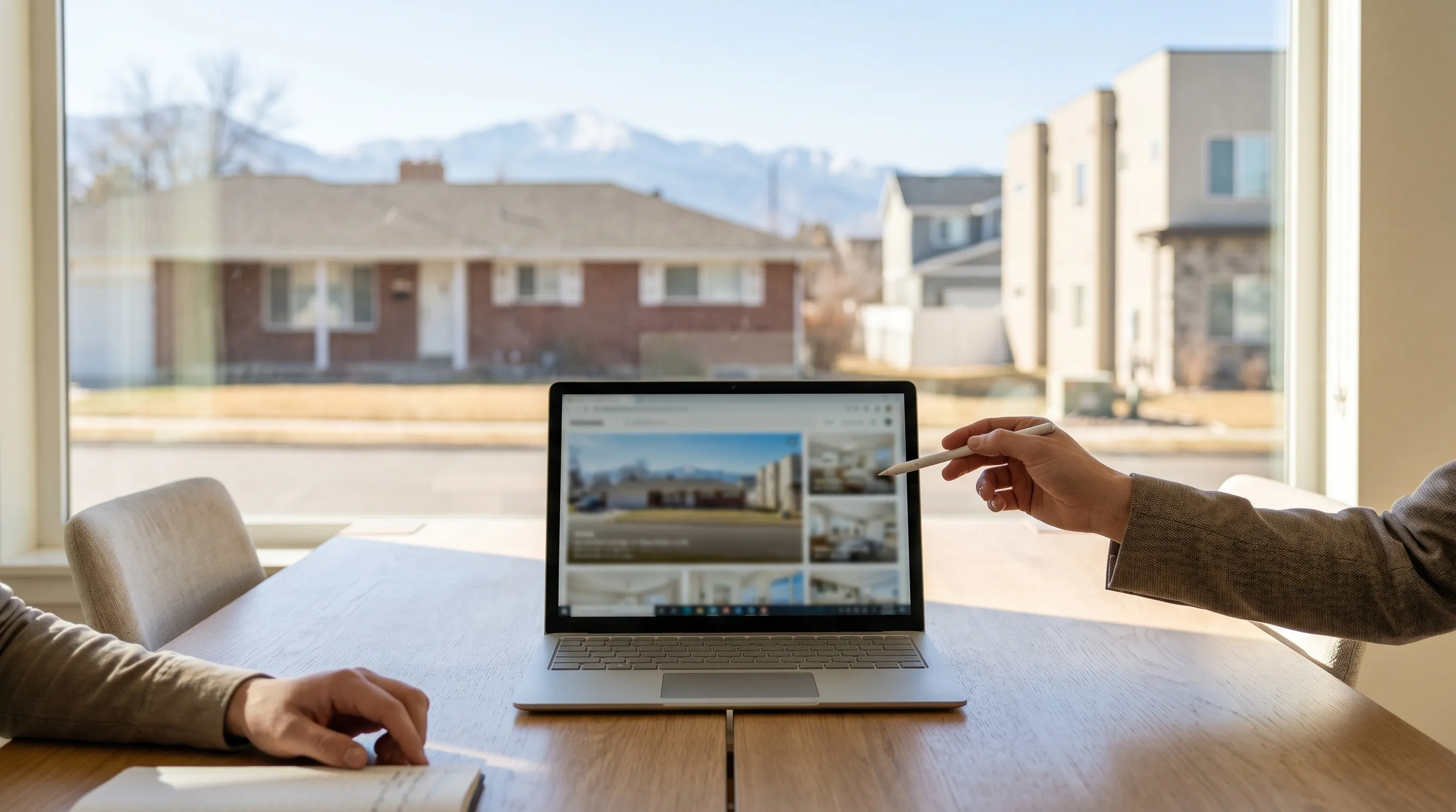 Real estate agent in business casual attire holding a SOLD sign in front of a beige stucco home in a newer Greeley subdivision with the Rocky Mountain Front Range visible in the distance