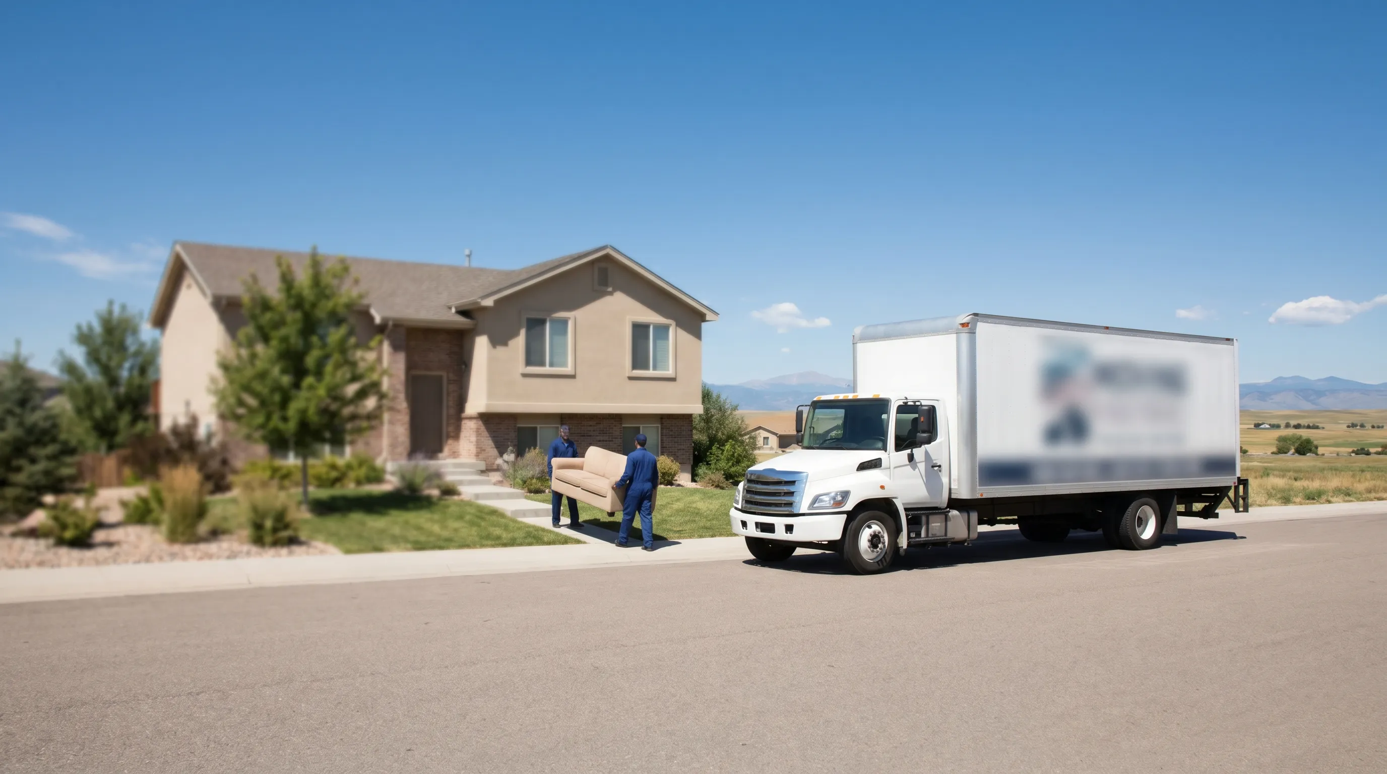 Two professional movers in matching uniforms carrying a couch up the front walkway of a split-level home in a newer Greeley south-side development with a bright Colorado midday sky overhead